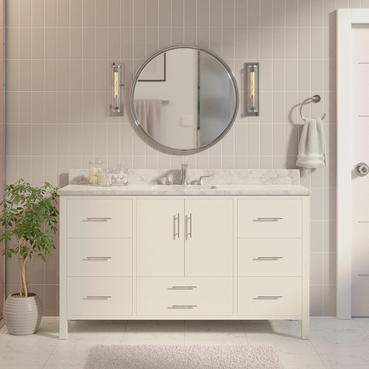 Kitchen Bath Collection California 60-inch Single Bathroom Vanity (White/Carrara): Includes White Cabinet with Authentic Italian Carrara Marble Countertop and White Ceramic Sink