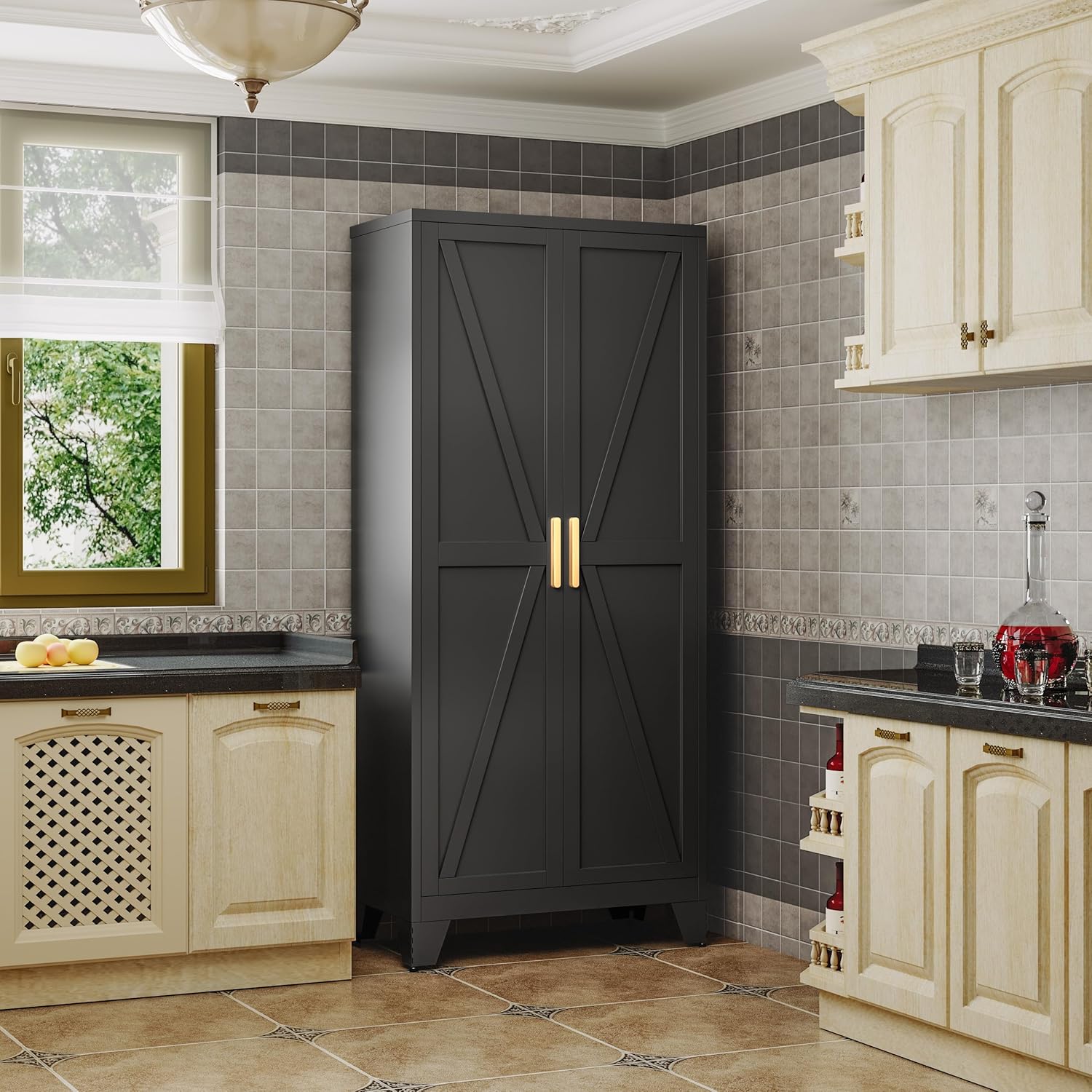 71" Storage Cabinet with Doors and Shelves, Tall Pantry Cabinet in Black with 2 Doors & 4 Adjustable Shelves, All-Steel Farmhouse Cupboard for Kitchen, Living Room,Home Office,Garage