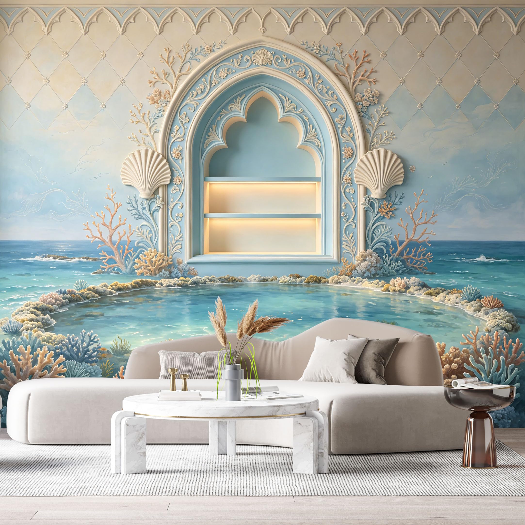 Custom Size Wall Murals Coastal Ocean Marine Seashell Coral Reef 3D Trompe L'Oeil SelfAdhesiveWall Fabric Removable Wallpaper Wall Decor for Living Room Bedroom Bathroom