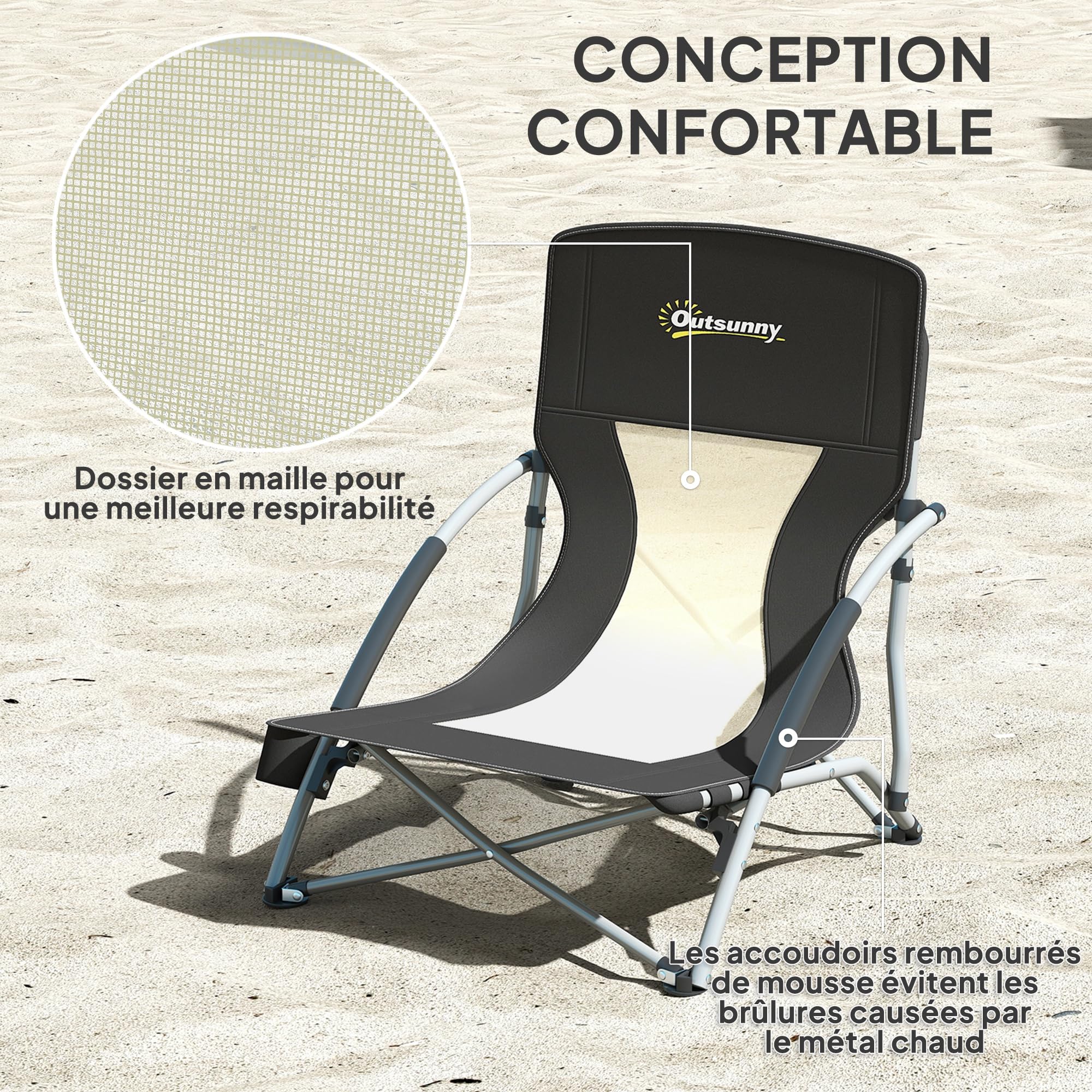 Outsunny Lot de 2 chaises de Plage Pliable, chaises Camping Pliante légère 2,2 kg, avec Dossier en Maille, Sac de Transport et Porte-gobelet pour Jardin, Pique-Nique, Festival, Voyage, Noir