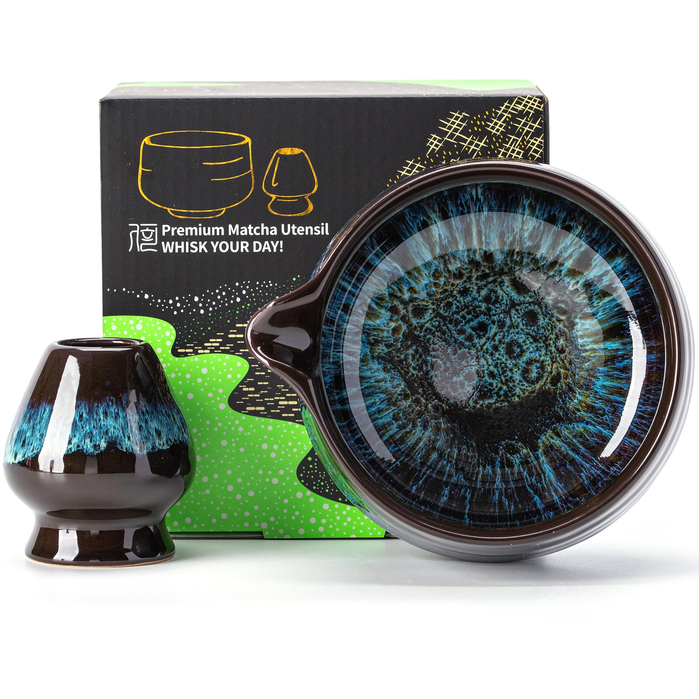 Bol à matcha chawan bleu avec bec verseur et support de fouet pour thé vert