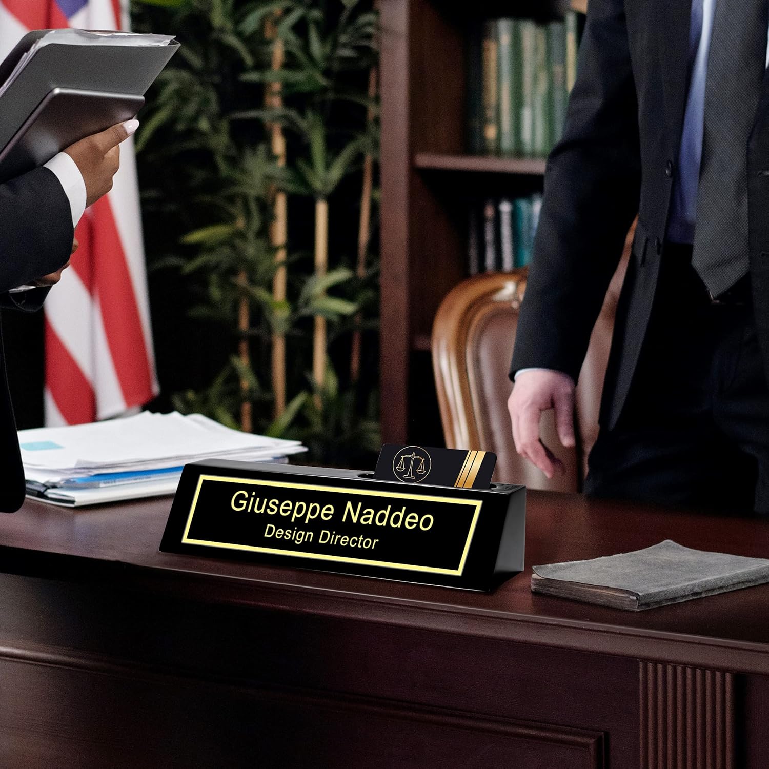 Personalized Engraved Business Desk Name Plate With Card Holder - Customized Executive Black Wood Sign - Custom Gifts for Men