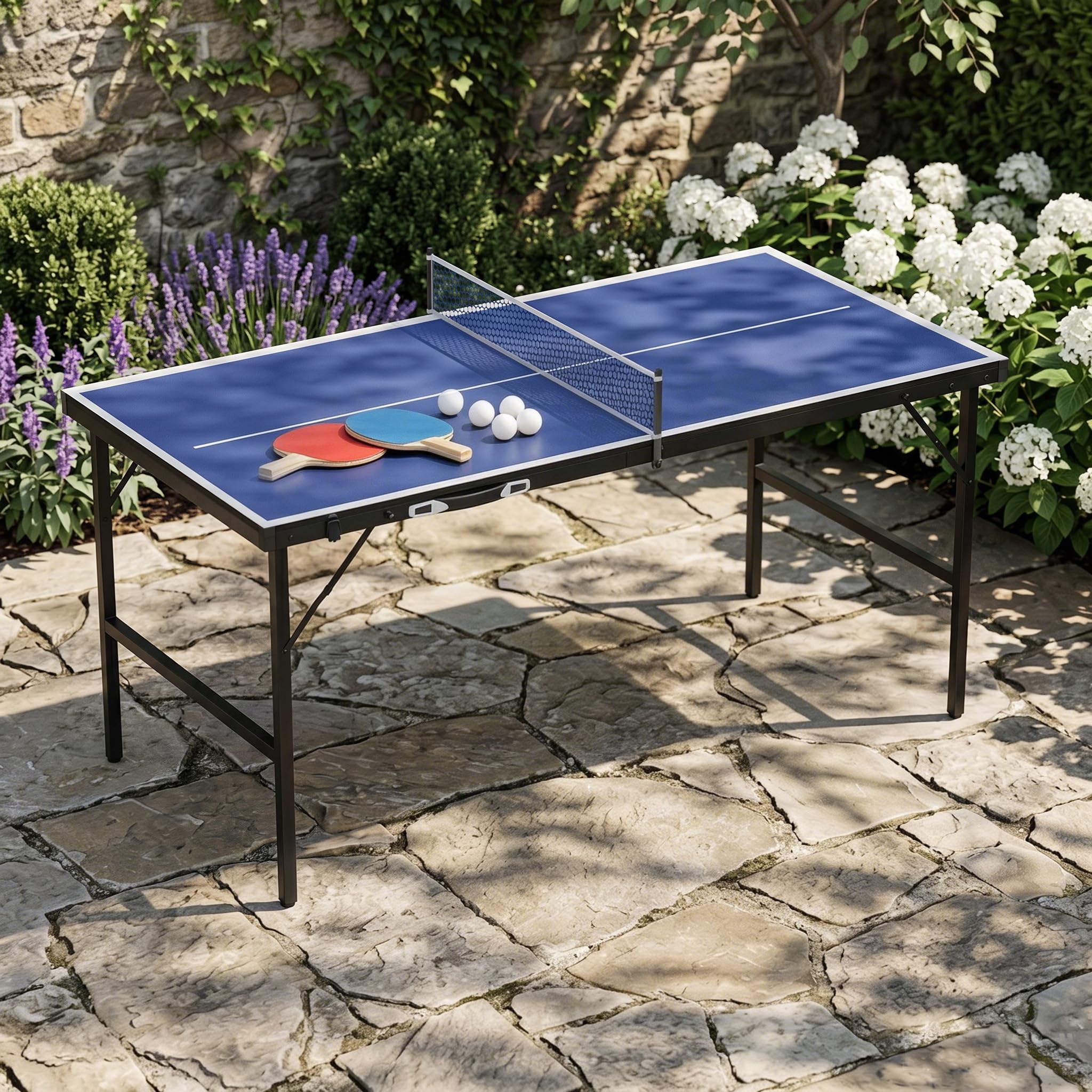 Mini tavolo da ping pong portatile, design con valigetta, 152,5 x 76 x 71 cm, pieghevole, con set di racchetta da ping pong, palline da ping pong e rete (blu/nero)