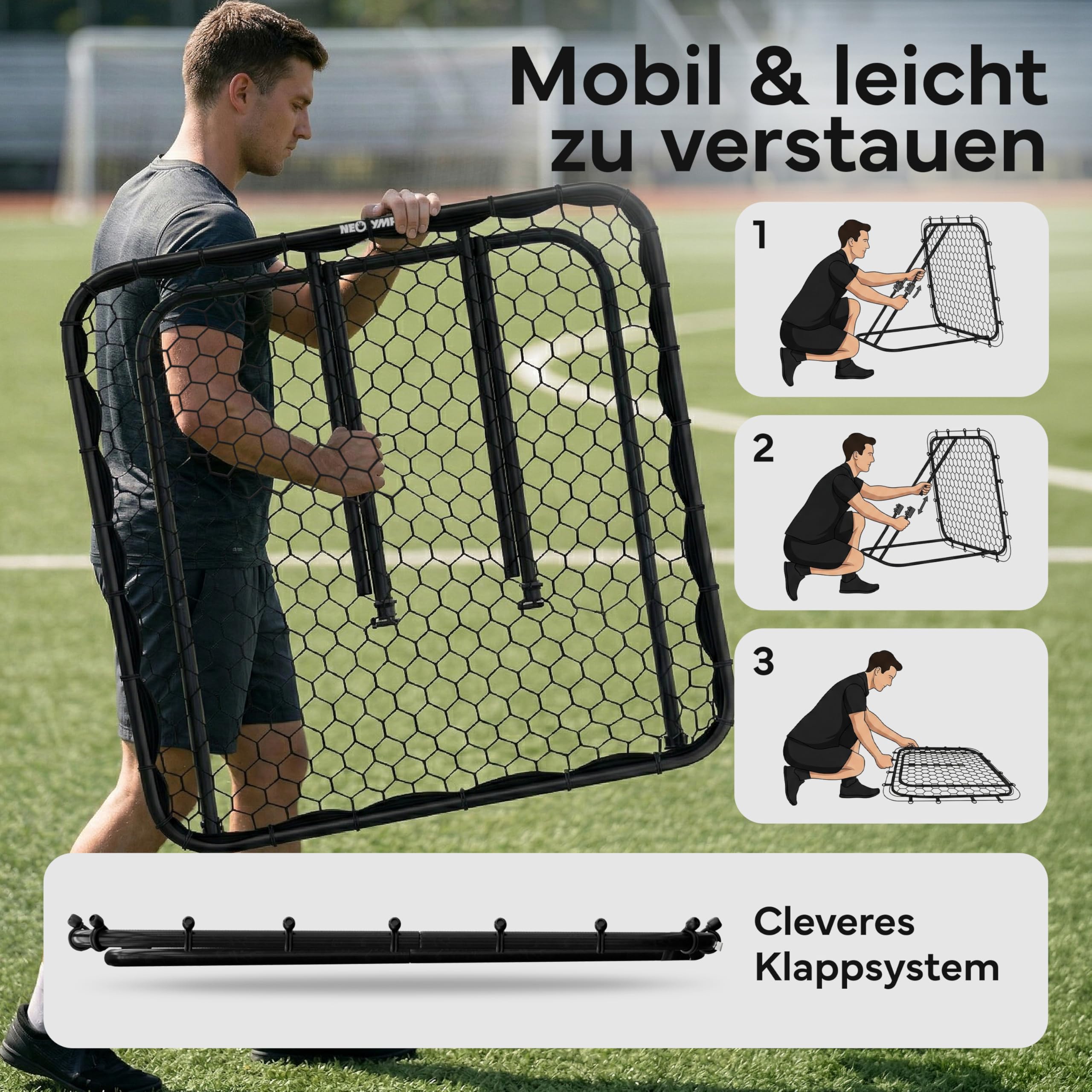 NEOLYMP Rebounder für Fußball – Stufenlos verstellbar für intensives Training, robuster Metallrahmen – Ideal für Kinder, Jugendliche & Vereine – Fußball Trainingszubehör für drinnen und draußen