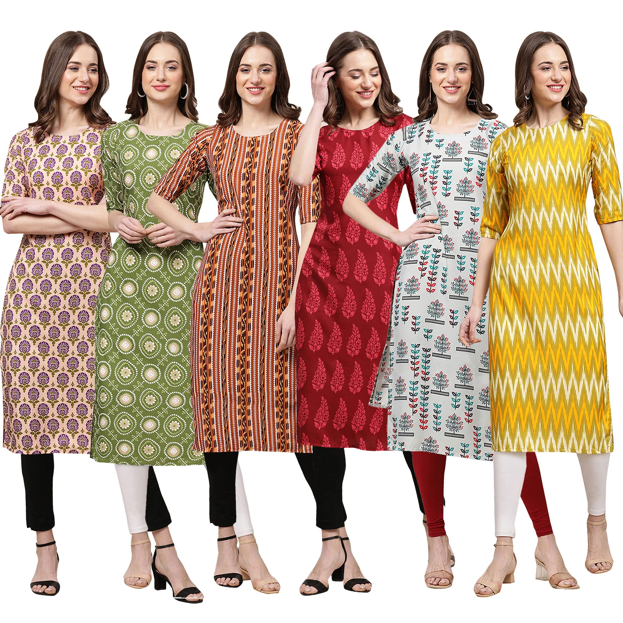 Pinkmint Women's Crepe Digital Print Straight Kurta Pack Of 6 [Cr-344-338-344-337-340-329-Xl]