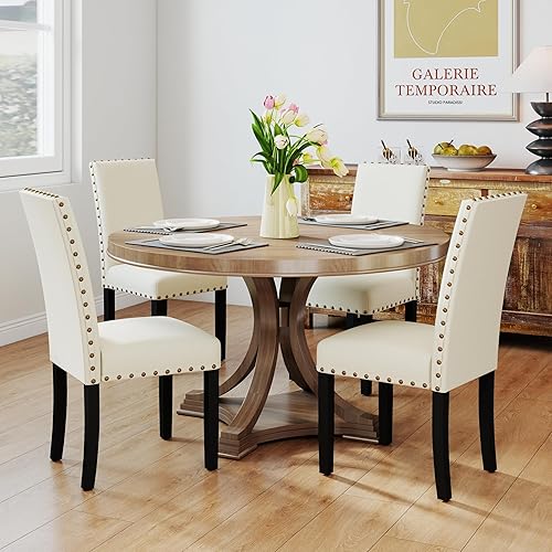 Miniatura 3 de Juego de 2 sillas de comedor de madera, sillas auxiliares de cocina tapizadas de tela moderna, silla de respaldo alto con clavos de cobre (beige)