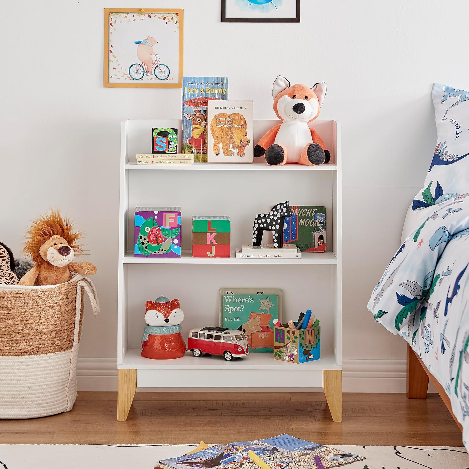 Danya B. Steiner White 3-Tier Kids Book or Toy Figure Display Unit Freestanding Bookshelf with Contrasting Wood-Toned Legs