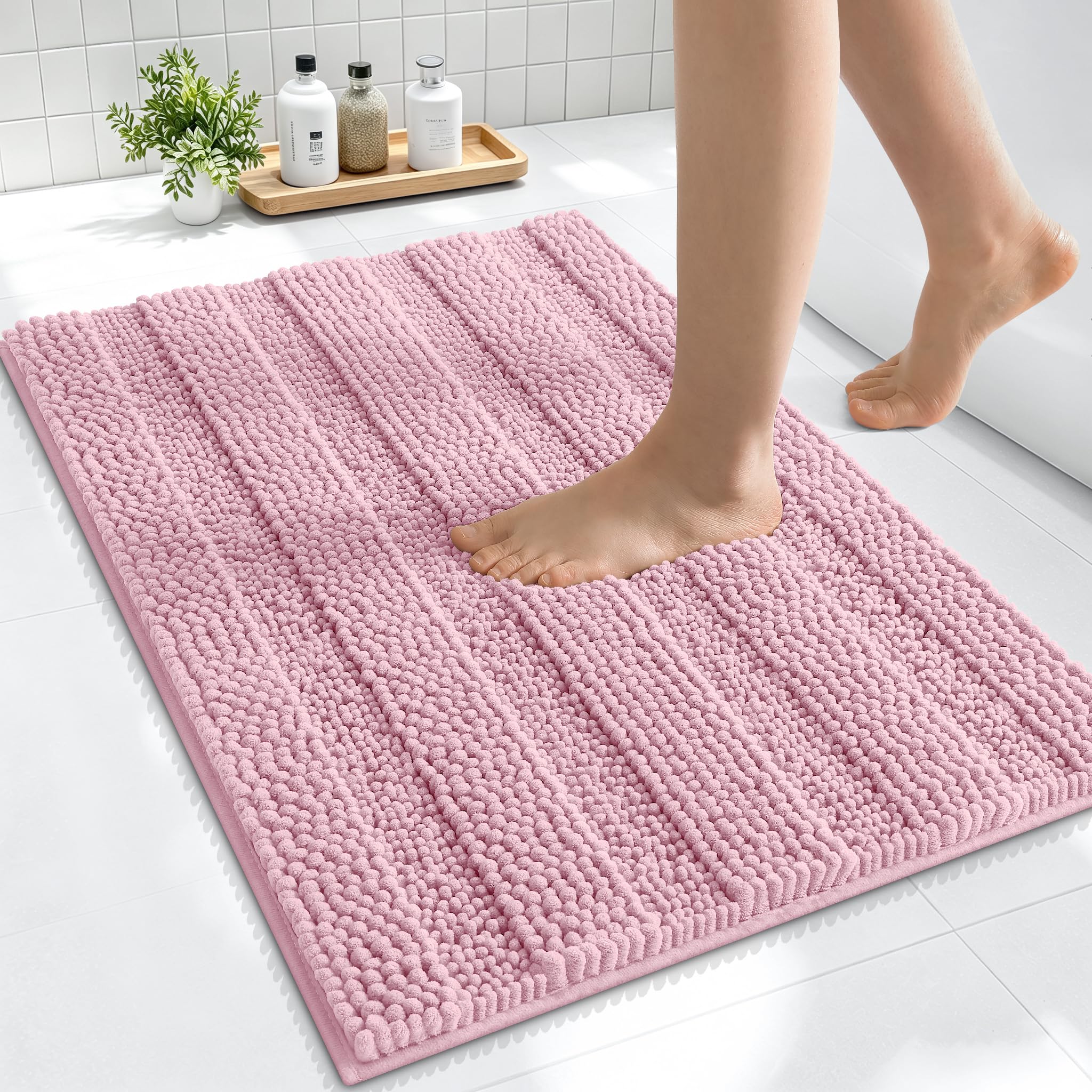 Smiry Thick Small Chenille Bathroom Rugs 24x16, Soft Bath Mat, Dusty Rose