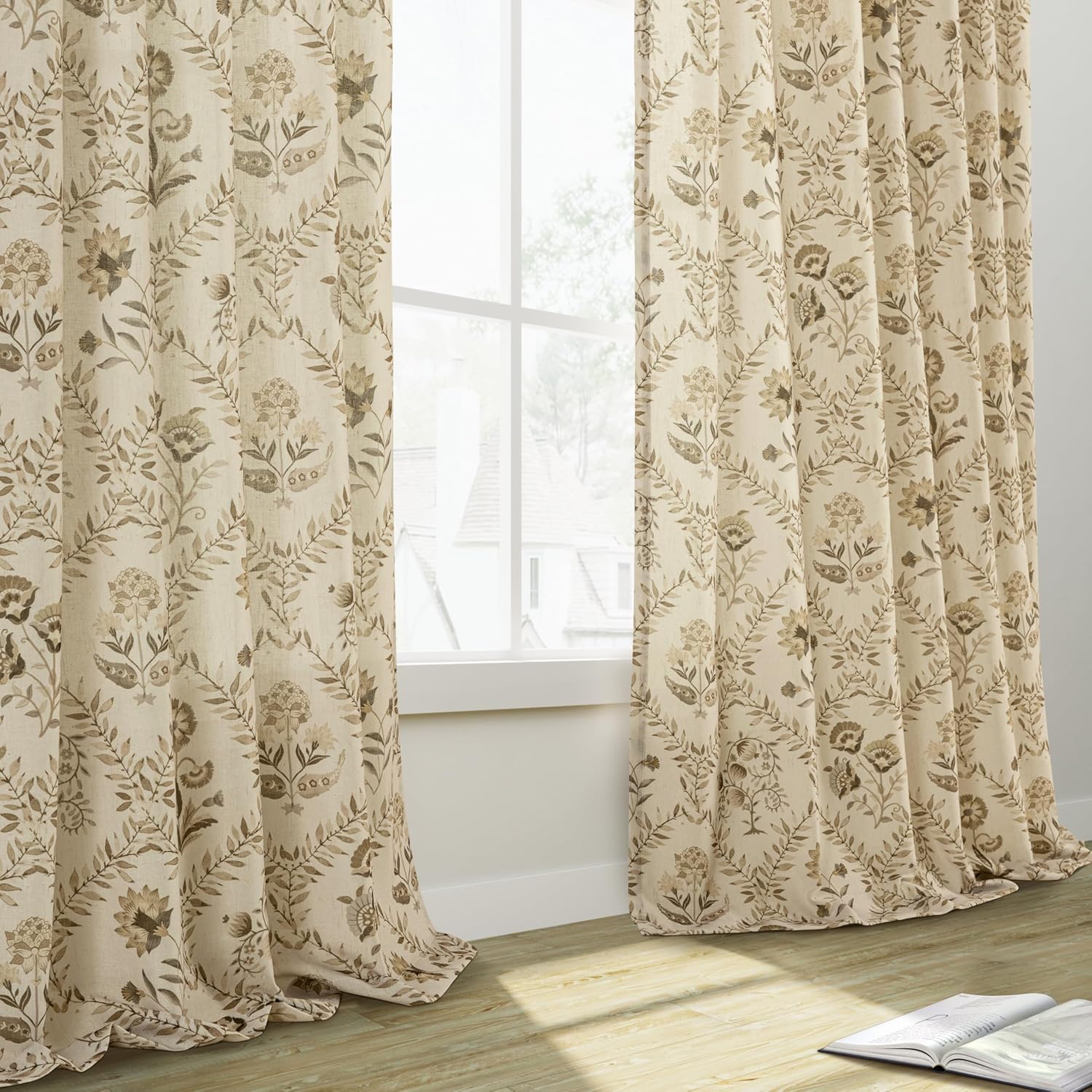 Tan Brown Floral Linen Curtains for Living Dining Room 96 Inch Length 2 Panels Beige Plant Flower Pattern Printed Curtains Back Tab Semi Sheer Farmhouse Rustic French Country Drape for Bedroom 8FT