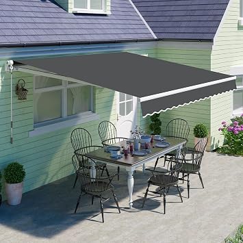 10x8 Patio Manual Retractable Awning Fully Assembled, Dark Grey | Aluminum Frame, 280G Polyester, Water-Resistant, Sunshade Shelter for Outdoor Window Door Awning Deck Canopy Balcony
