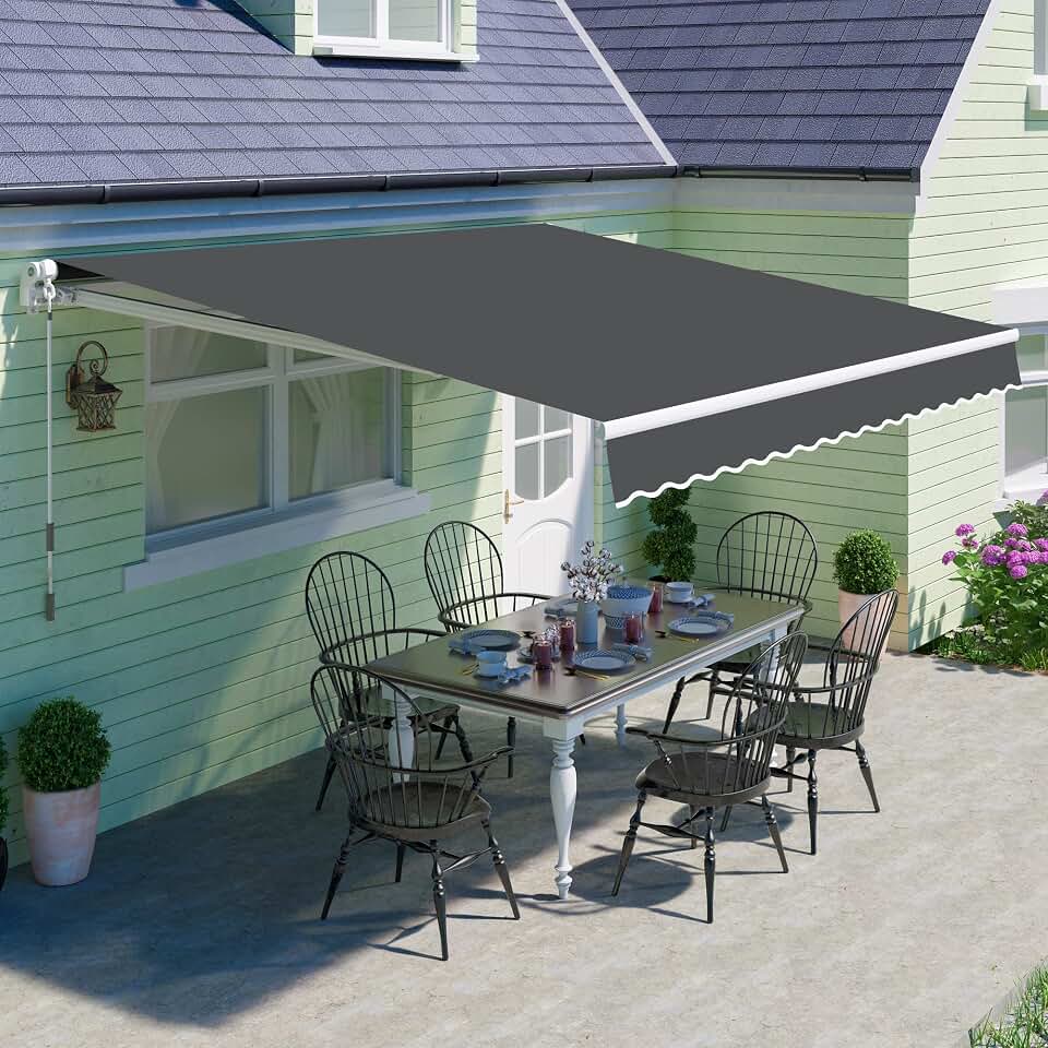 PATISOL 10&#x27;x8&#x27; Patio Manual Retractable Awning Fully Assembled, Dark Grey | Aluminum Frame, 280G Polyester, Water-Resistant, Sunshade Shelter for Outdoor Window Door Awning Deck Canopy Balcony