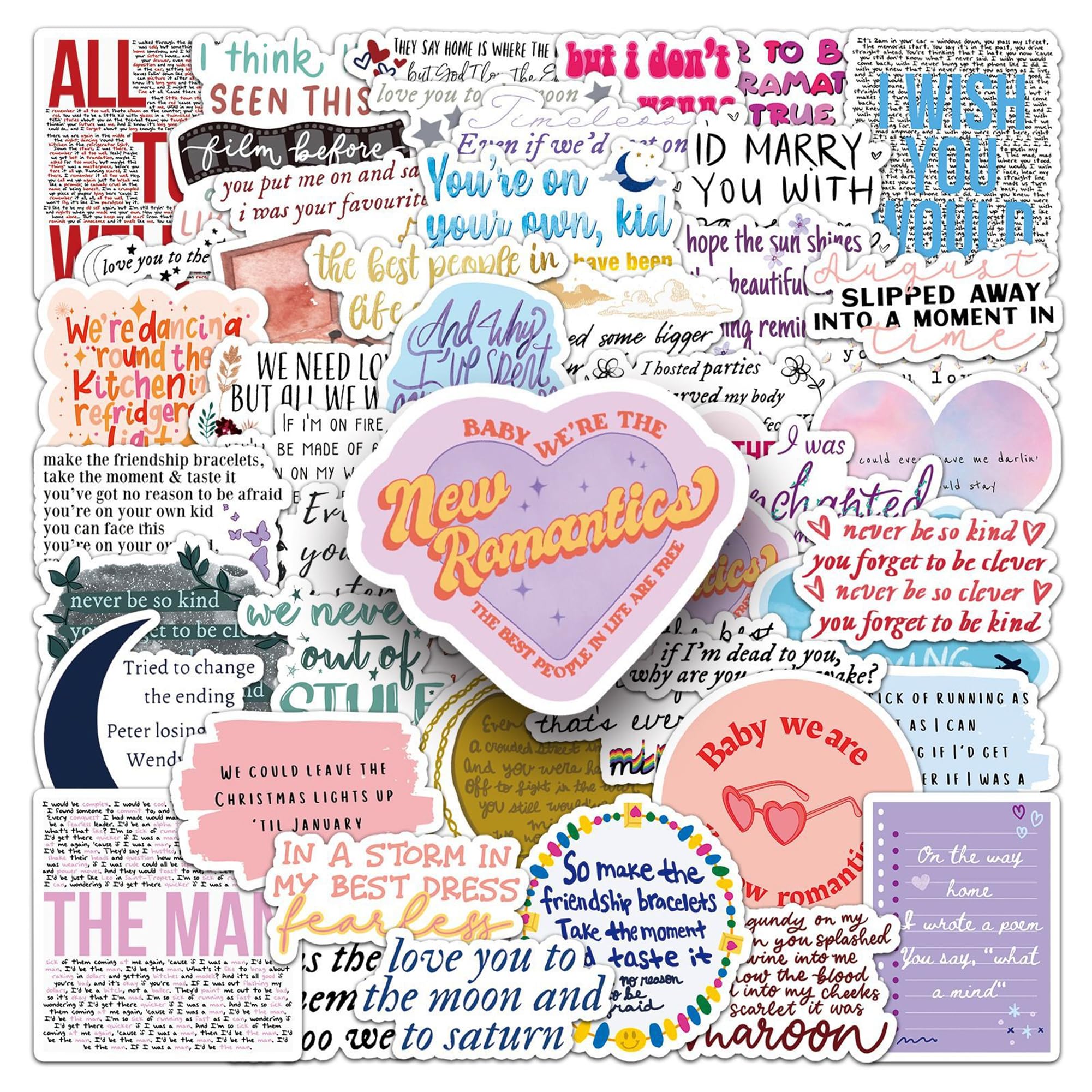 QUTA Taylor Swift Stickers Pack, 50PCs Album Song Lyrics, Multicolor Vinyl Decals, Gift Stickers for Hydro Flask, Laptop, Water Bottle, Glass, Plastic, Metal, Wood, Wall, Vehicle