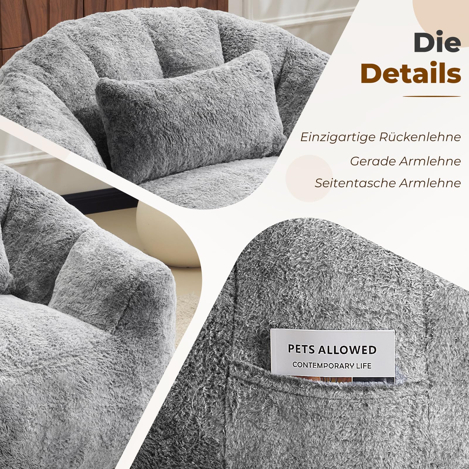 Sitzsack für Erwachsene, Flauschiger Loungesessel aus Kunstfell mit Kissen, Belastbarkeit bis 160 kg, Vakuumverpackt & ohne Montage, für Wohnzimmer, Schlafzimmer, Balkon, Grau