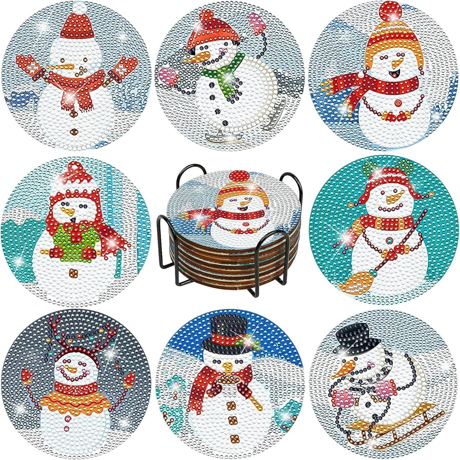 Lukinuo 8pcs Christmas Diamond Painting Coaster with Holder Snowman