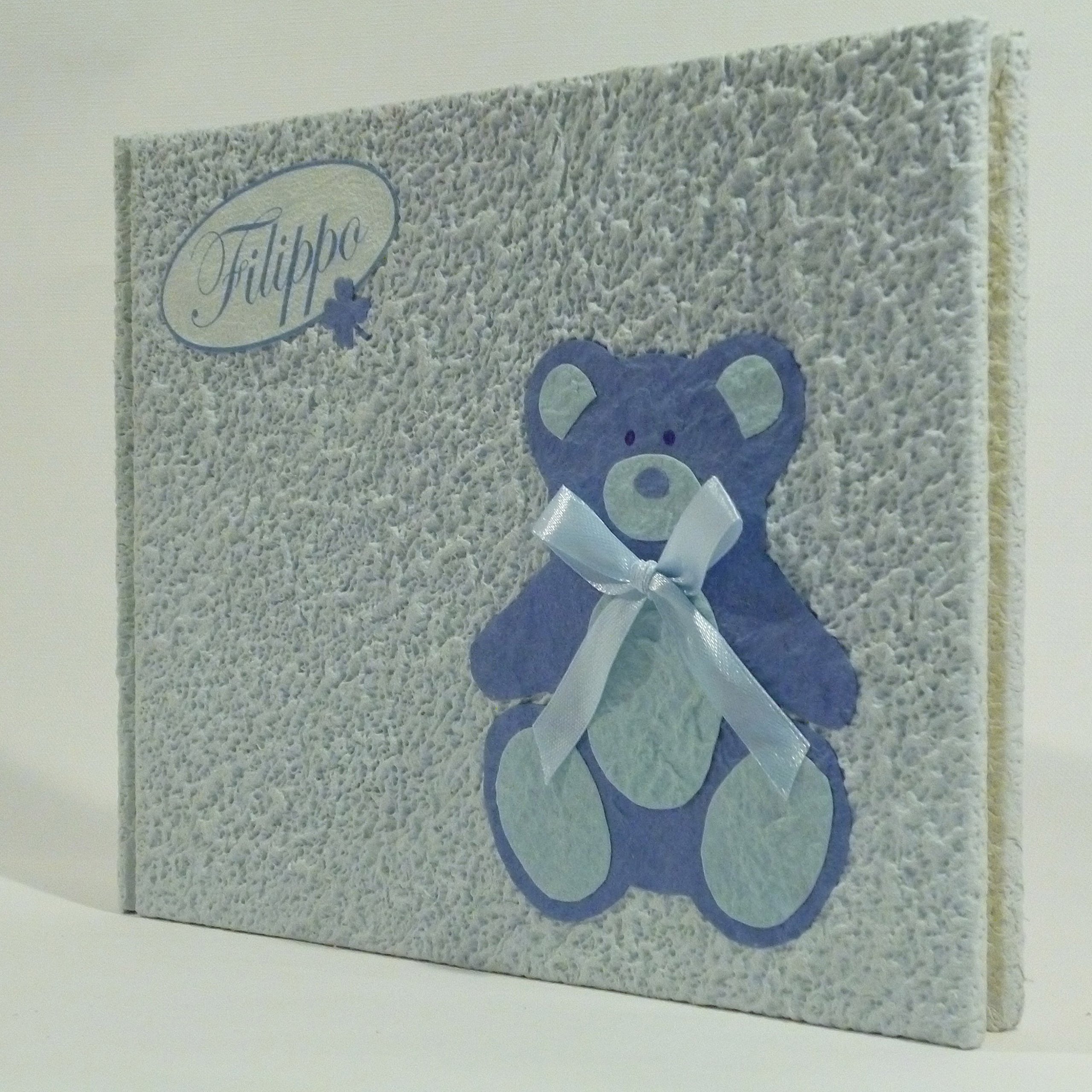 ALBUM FOTOGRAFICO ARTIGIANALE orso CON NOME 100 foto 20,5cm x 17cm 50 fogli REGALO NASCITA BAMBINO AZZURRO