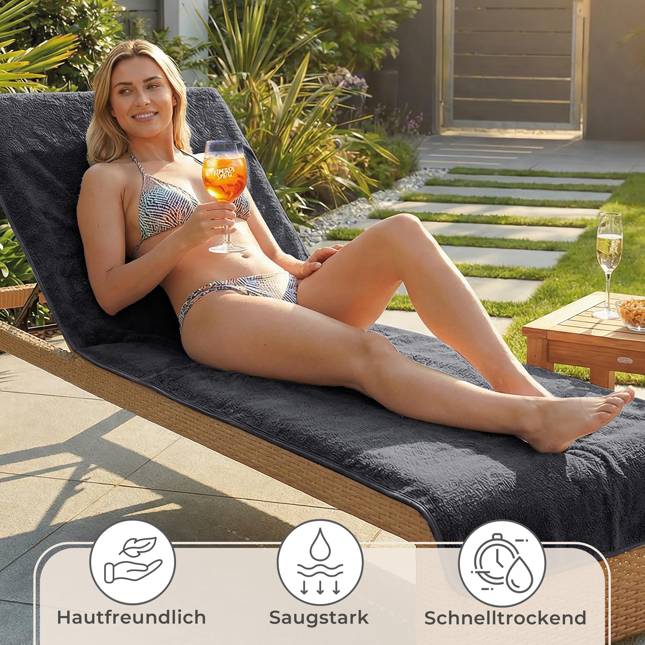 LAYNENBURG 2er-Set Premium Schonbezug für Gartenliege - 100% Baumwolle - Oeko-TEX 100 - Frottee Handtuch-Bezug Sonnenliege - Liegenbezug mit Umschlag für Standliege, Liege-Stuhl (75x200 cm Anthrazit)