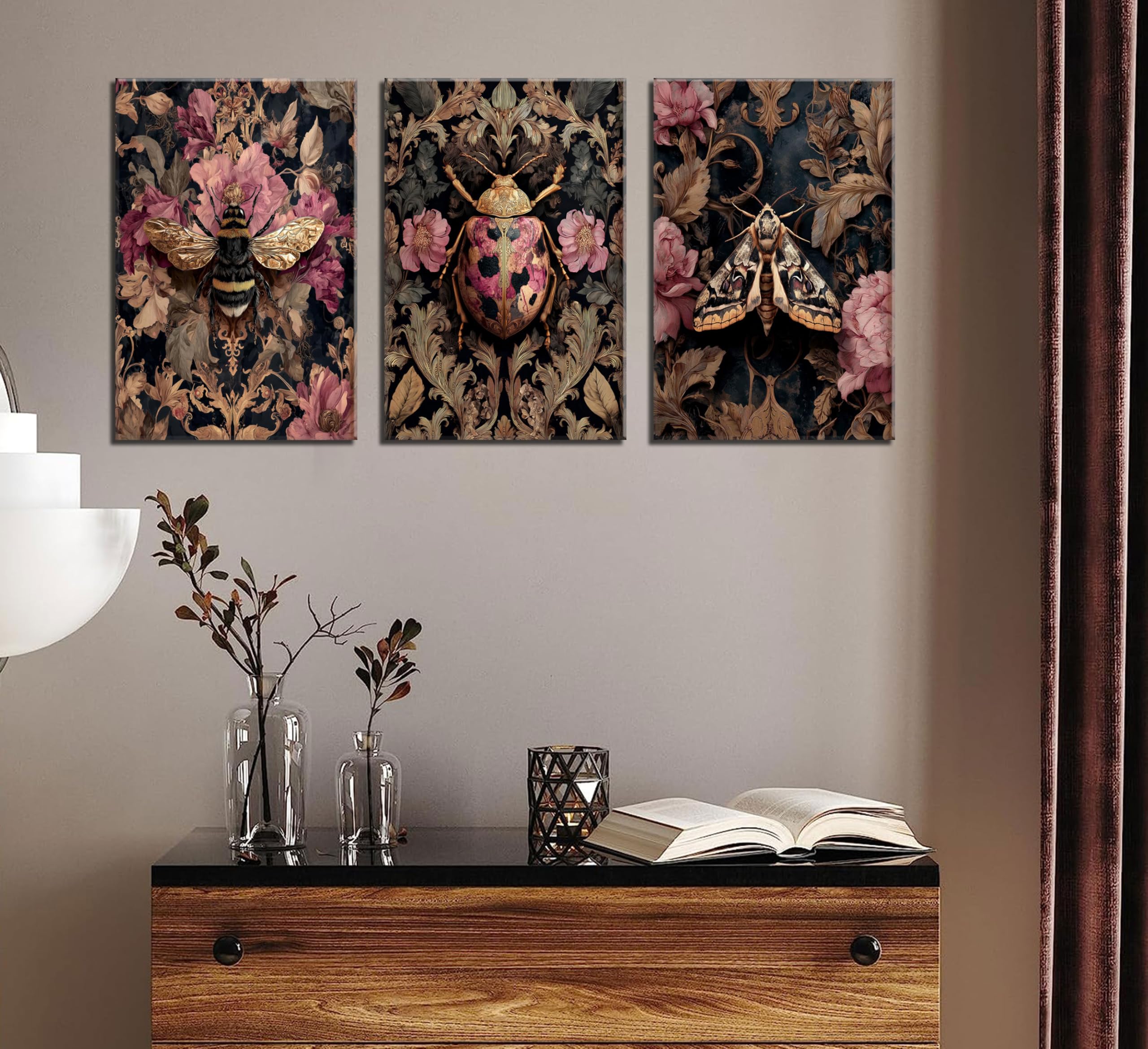 Snapklik.com : 3pcs Vintage Insect Wall Art Dark Insect Plant Posters ...