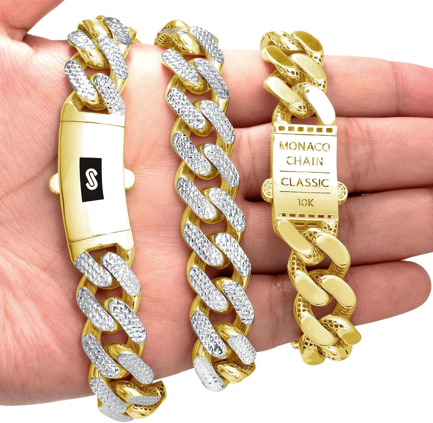 Nuragold 10k Real Yellow Gold Royal Monaco 15mm Miami Cuban Diamond Cut Pave Link Necklace (20"-30") Two Tone Italian Jewelry for Men