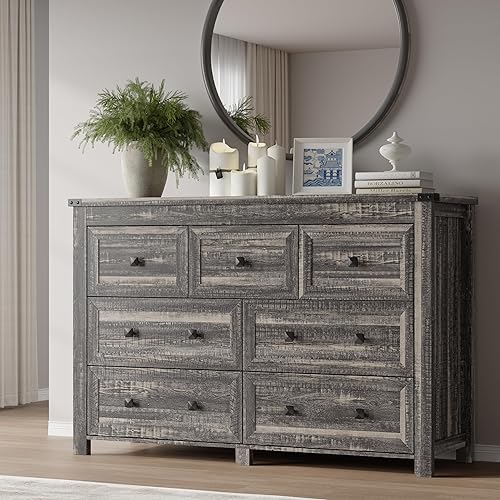 Miniatura 20 de Cómoda de 6 cajones, cofre de almacenamiento de madera moderno con cajones, soporte de TV para cómoda, organizador de cajones de madera con manijas