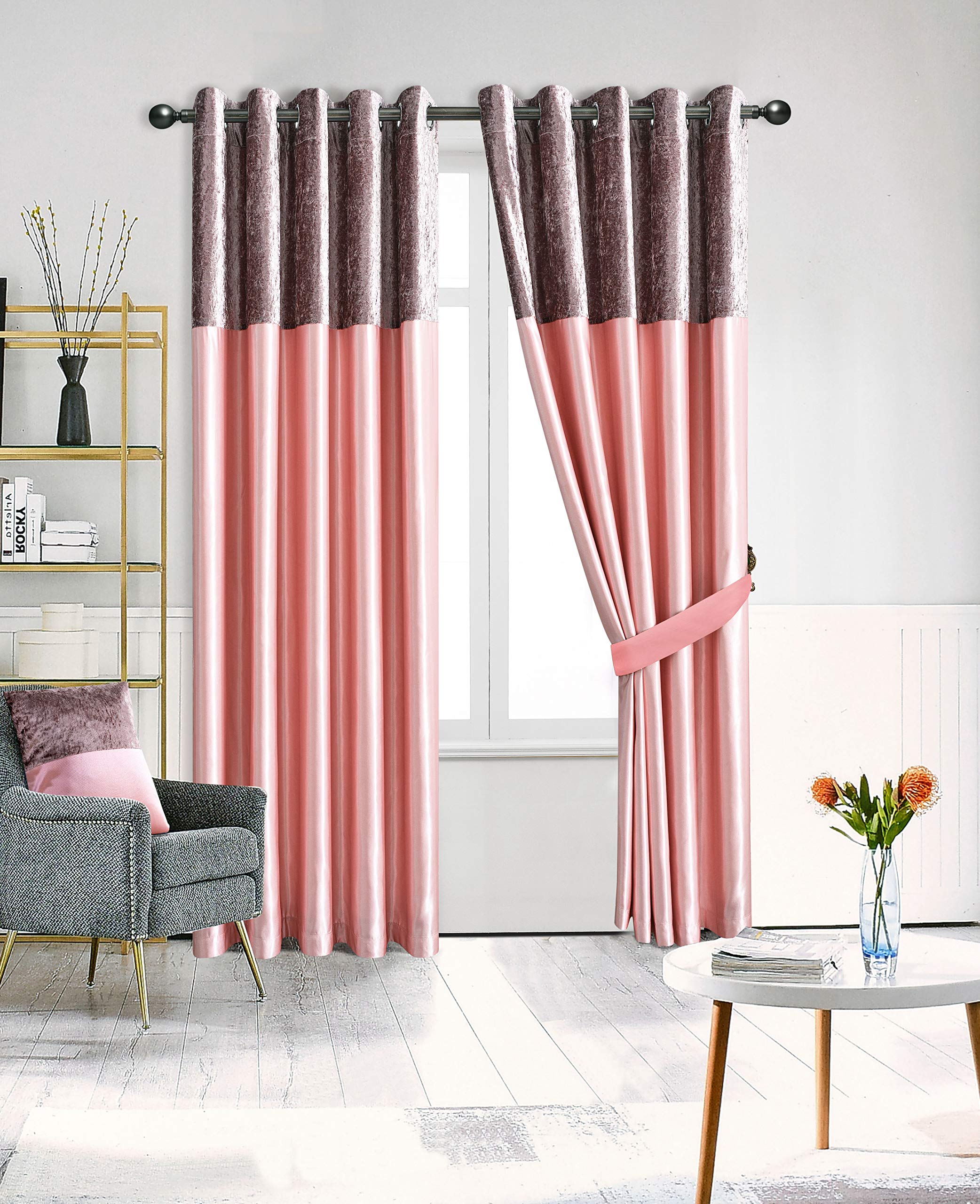 Zimel Homes Blush Pink Crushed Velvet Band Silk Curtains (Pair) 6 Wide Coloured Curtain Choices -8 Sizes-Fully Lined-Eyelet Ring Top Curtains-Faux Silk Band Top Curtain Pair With Crushed Velvet Fabric Base.