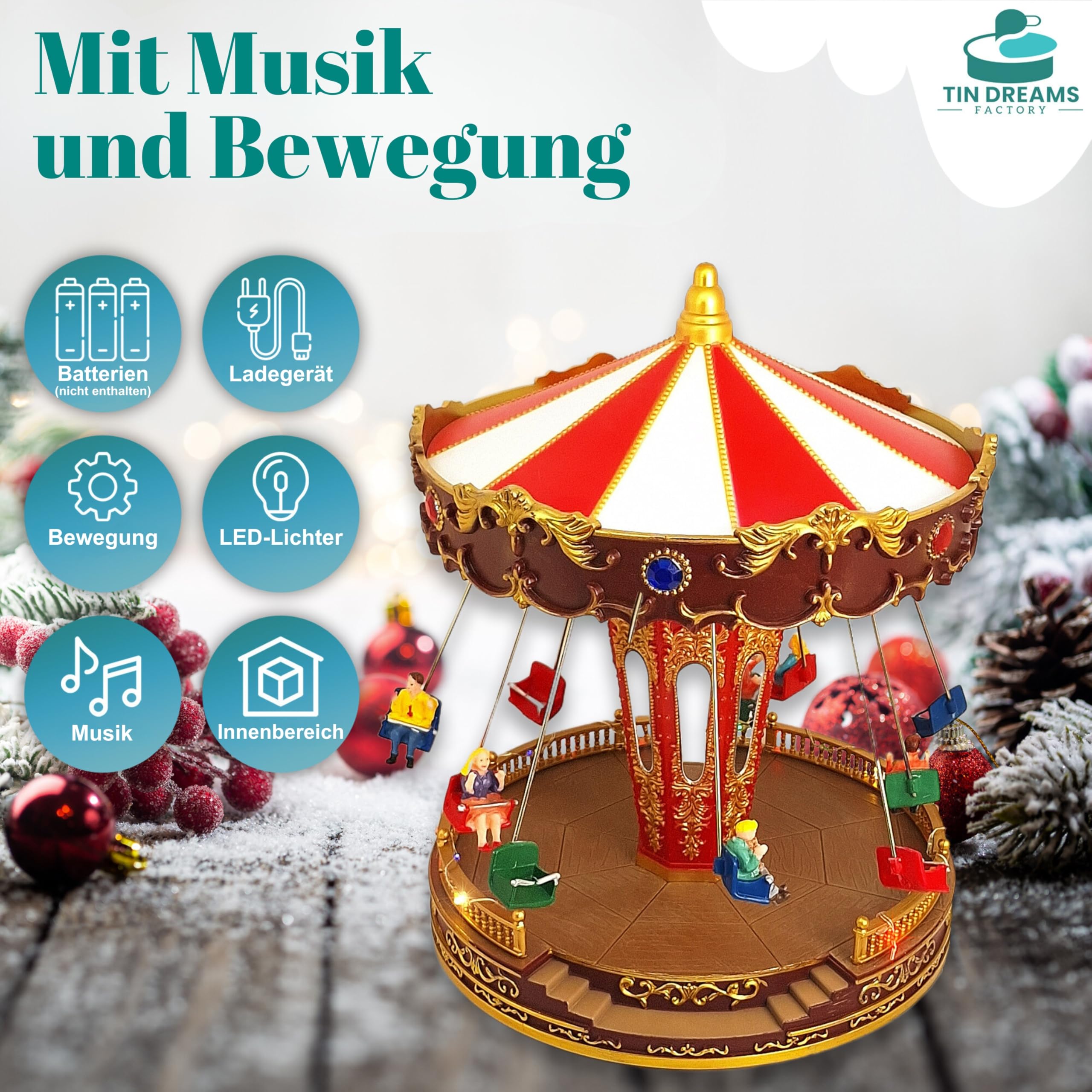 TIN Dreams | Weihnachtskarussell mit Bewegung, Musik und LED-Beleuchtung | Musikalisches Kettenkarussell | Weihnachtsdorf, Miniatur-Villa, Weihnachtslandschaft mit Beleuchtung | Weihnachtsdeko Innen