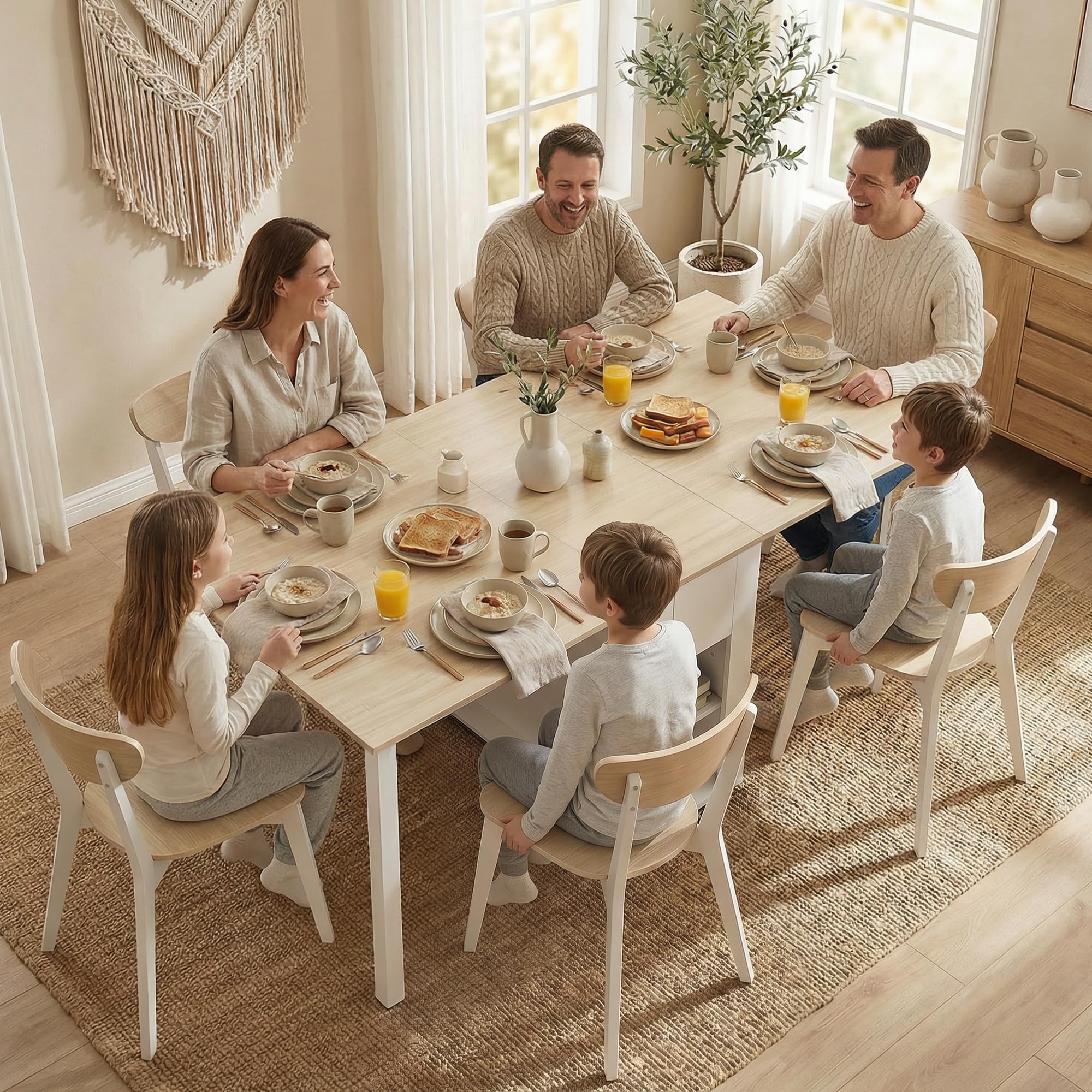 HOMCOM Table à Manger Pliante pour 6 Personnes 39-168 cm 2 Tiroirs Blanc | Table de Cuisine Rectangulaire, 2 Abattants, 4 Étagères Ouvertes, Pieds en Bois de Pin, Petit Espace, Salle à Manger