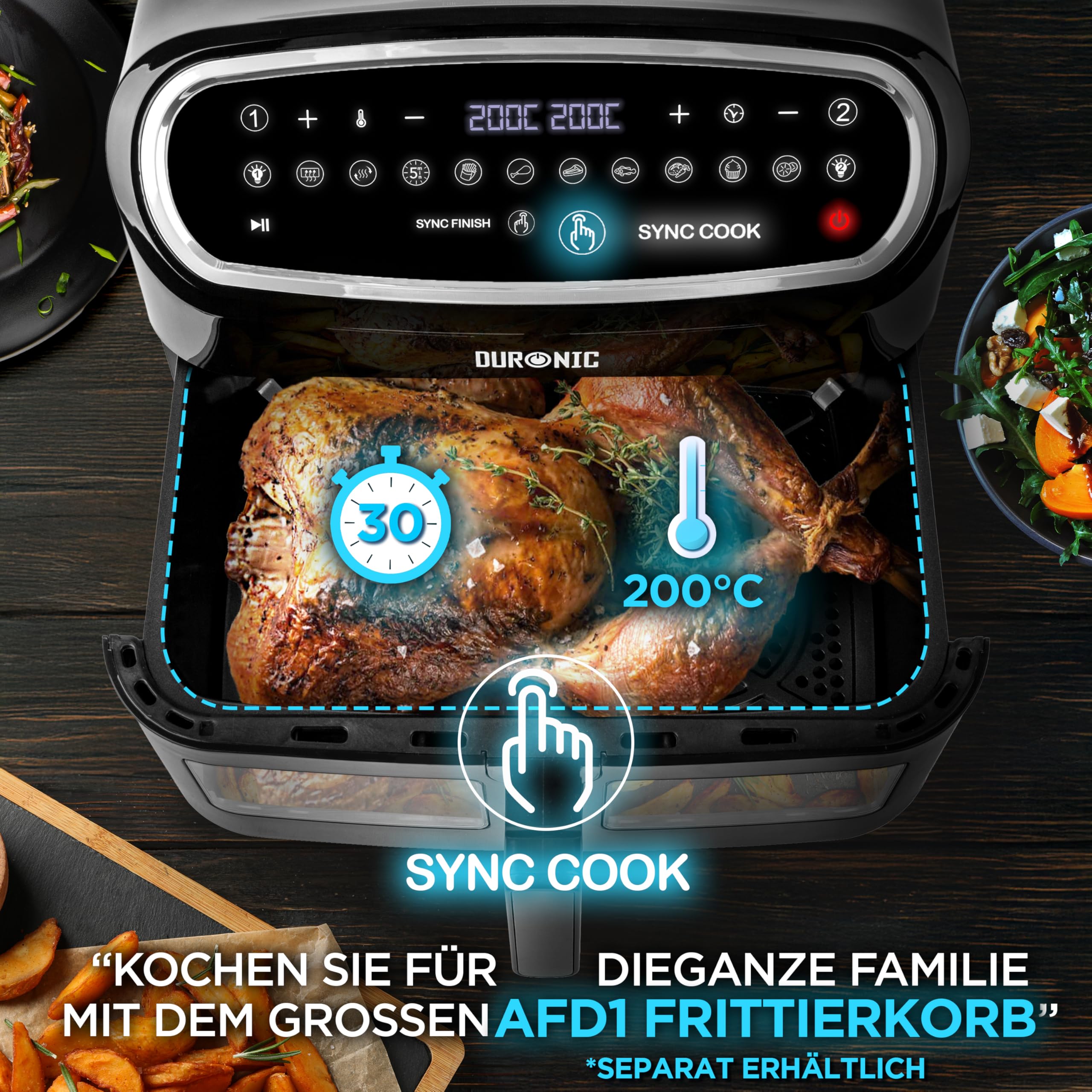 Duronic AF34 BK Heißluftfriteuse, XXL Heißluftfritteuse mit 2 Kammern für Pommes, Friteuse HLF 10L Volumen Airfryer, Air Fryer für Rezepte ohne Öl
