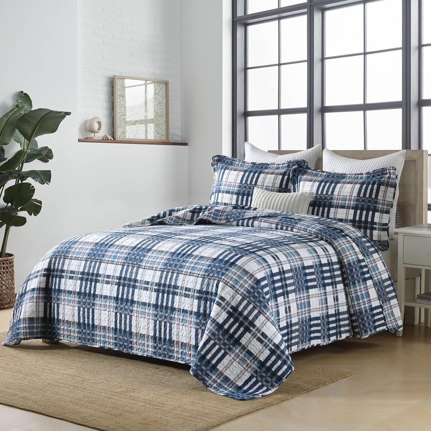 Quilt King Size, Cotton King Size Comforter Set, Blue White Striped Bedding Sets, Plaid King Bedspread,Striped Bed Set Lightweight Reversible All Season 3 Piece - Image 2
