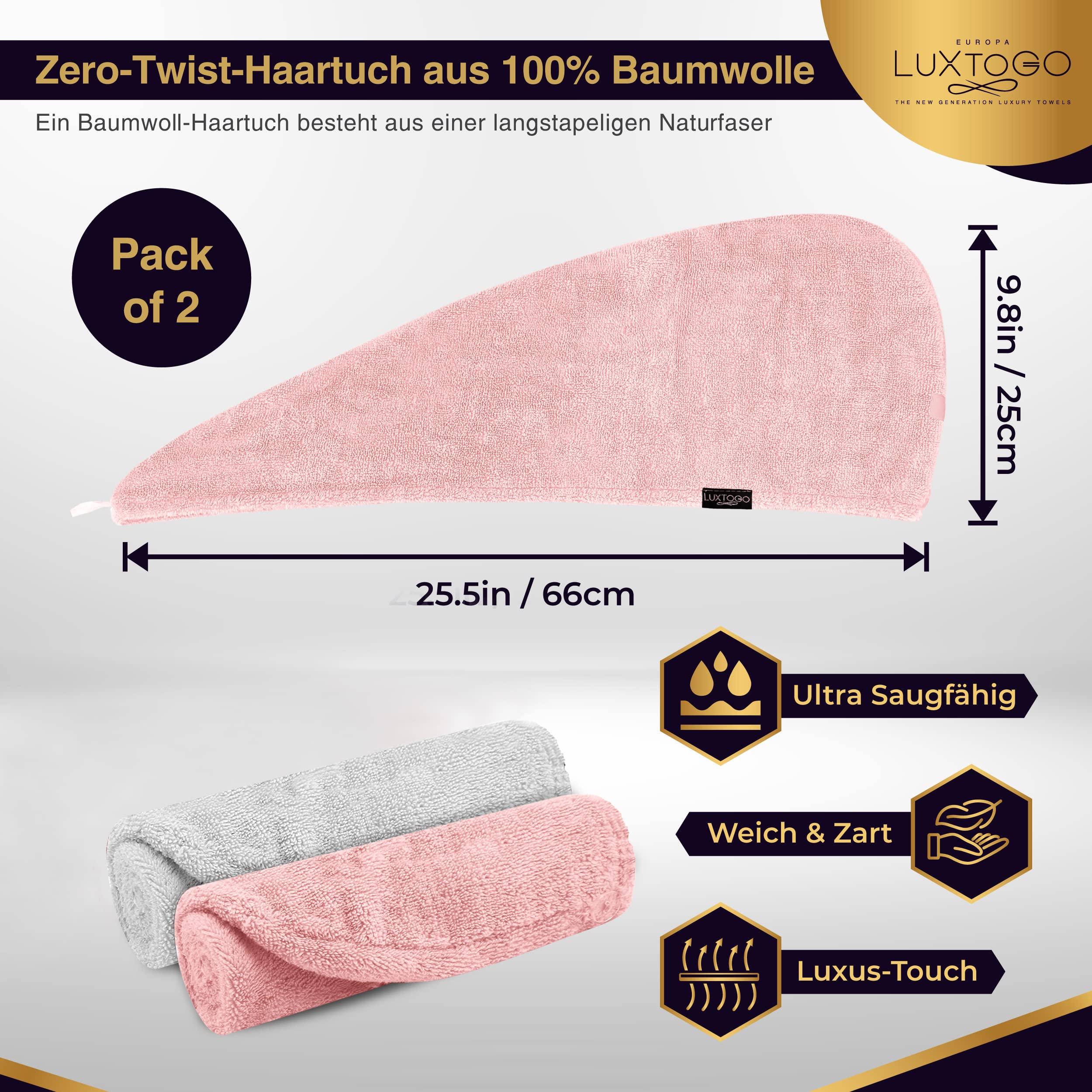 Haarturban-Premium Haarhandtuch 100% Baumwolle, Hochwertiges Turban Handtuch mit Knopf und Gummizug, Super Saugfähiges Kopfhandtuch (2 STK Weiß+Rosa)