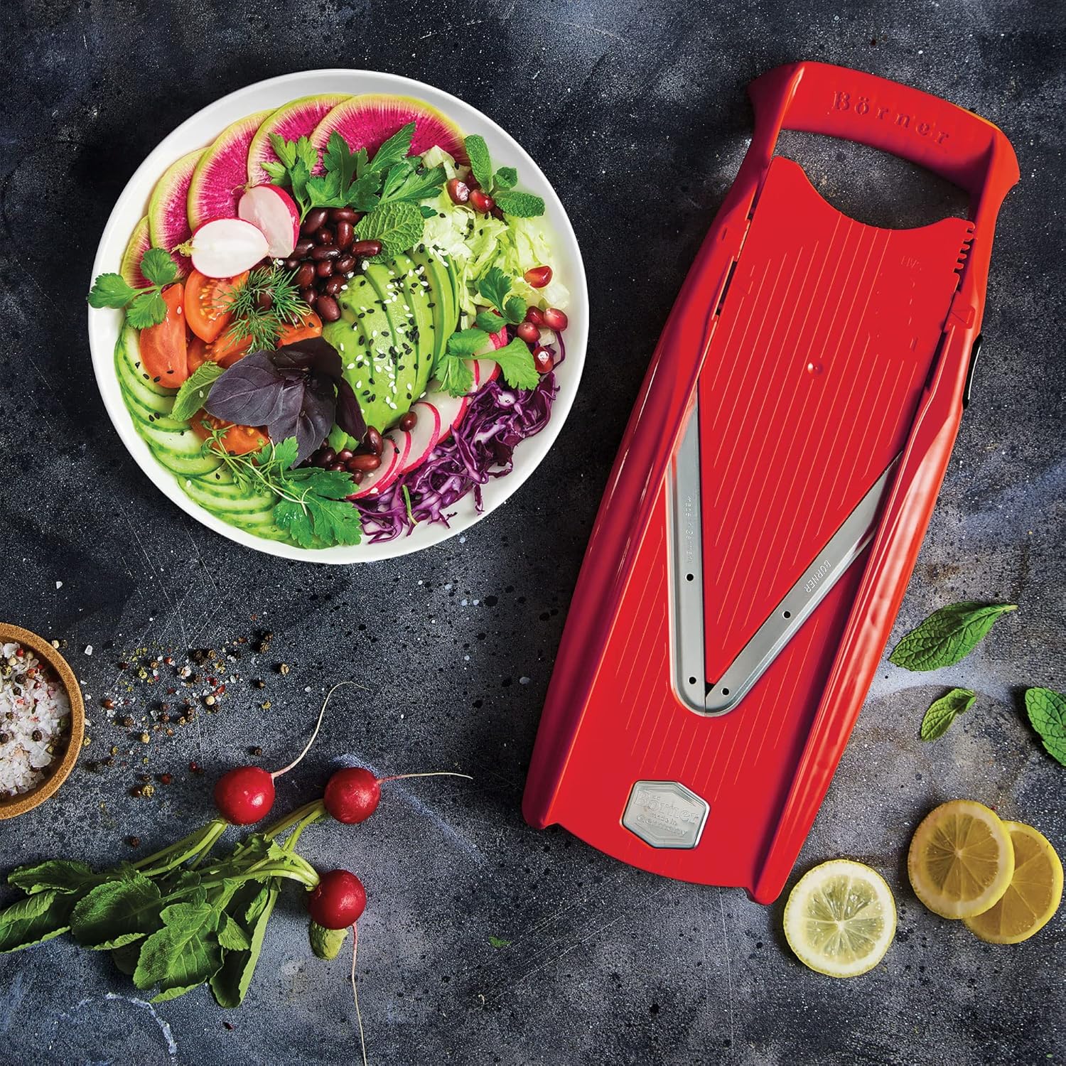 Börner Mandoline Slicer V5 (Professional Set) • Adjustable Vegetable Slicer (7-piece) • 10 Cutting Styles • Kitchen Slicer incl. Docking Station • Stainless Steel V-Blade • Color: Red