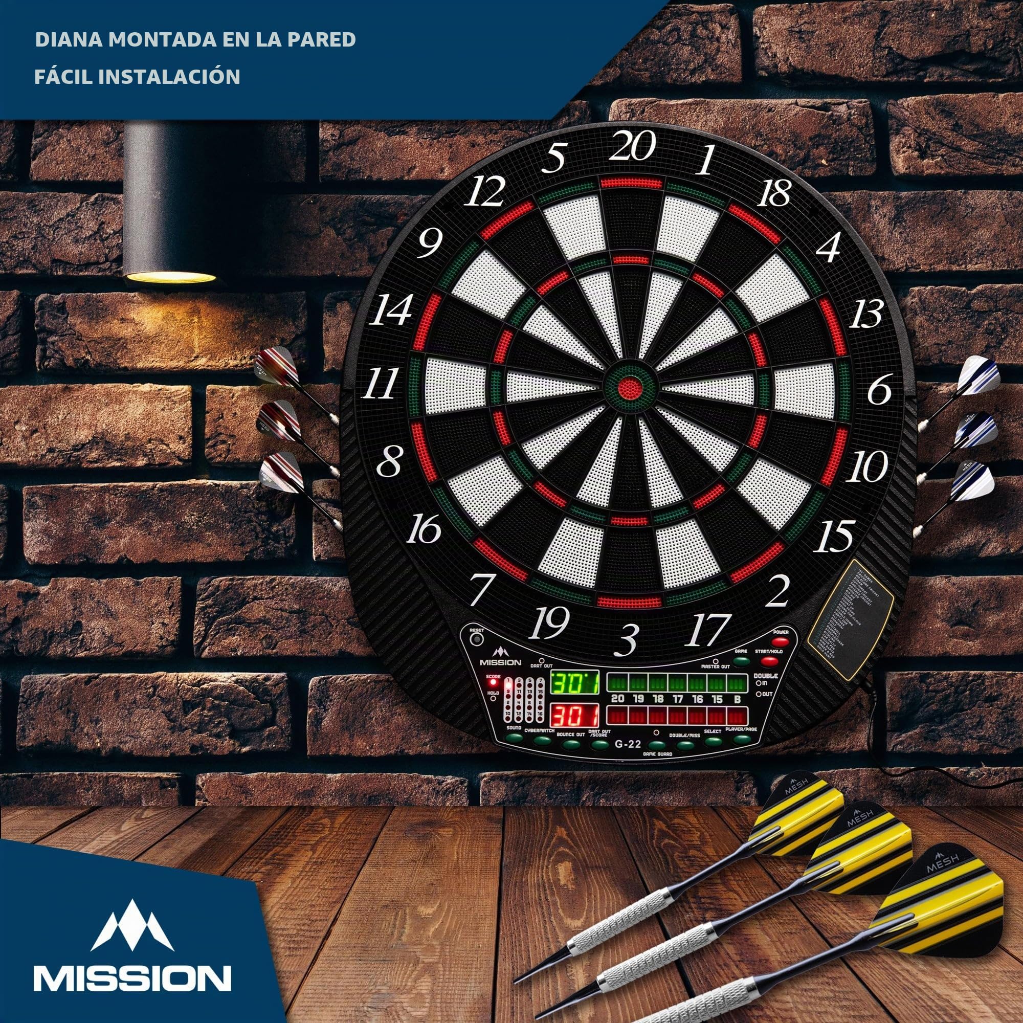 Mission | Diana electrónica G220 | Punta suave profesional | Hasta 16 jugadores | 28 juegos | Incluye 4 juegos de dardos.