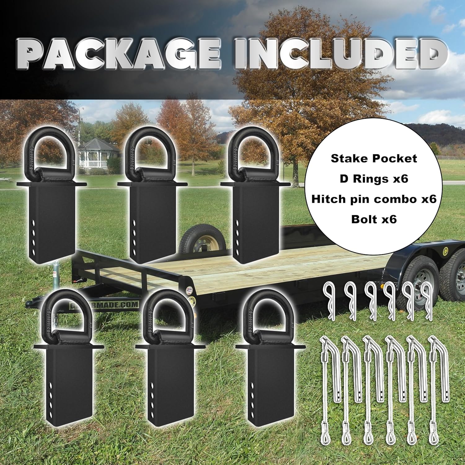 Stake Pocket D Rings 6pcs 18000lbs Heavy Duty D-Ring Tie Downs for Utility Trailers and Flatbed Trucks w/Hitch Pin w/Steel Cables, Removable Tie Downs for Flatbed Cargo Trucks, Black Upgrade