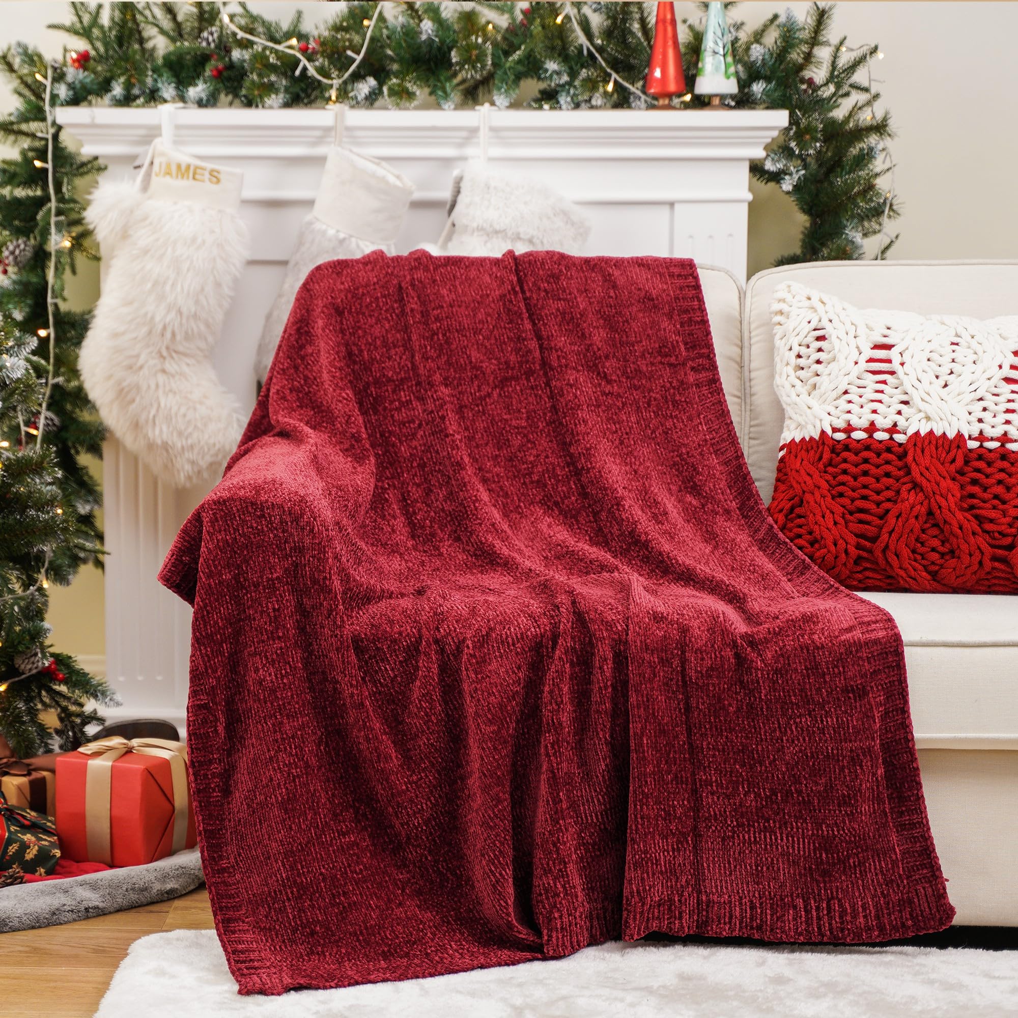 battilo home christmas red throw blanket for couch, chenille knit blanket for sofa, chair, christmas decor, super soft blanket, 51"x67"
