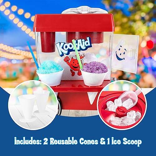 Miniatura 3 de Nostalgia Snow Cone - Máquina retro de mesa Kool-Aid para triturar hielo para 20 raspados, incluye 2 conos de plástico reutilizables y cuchara para