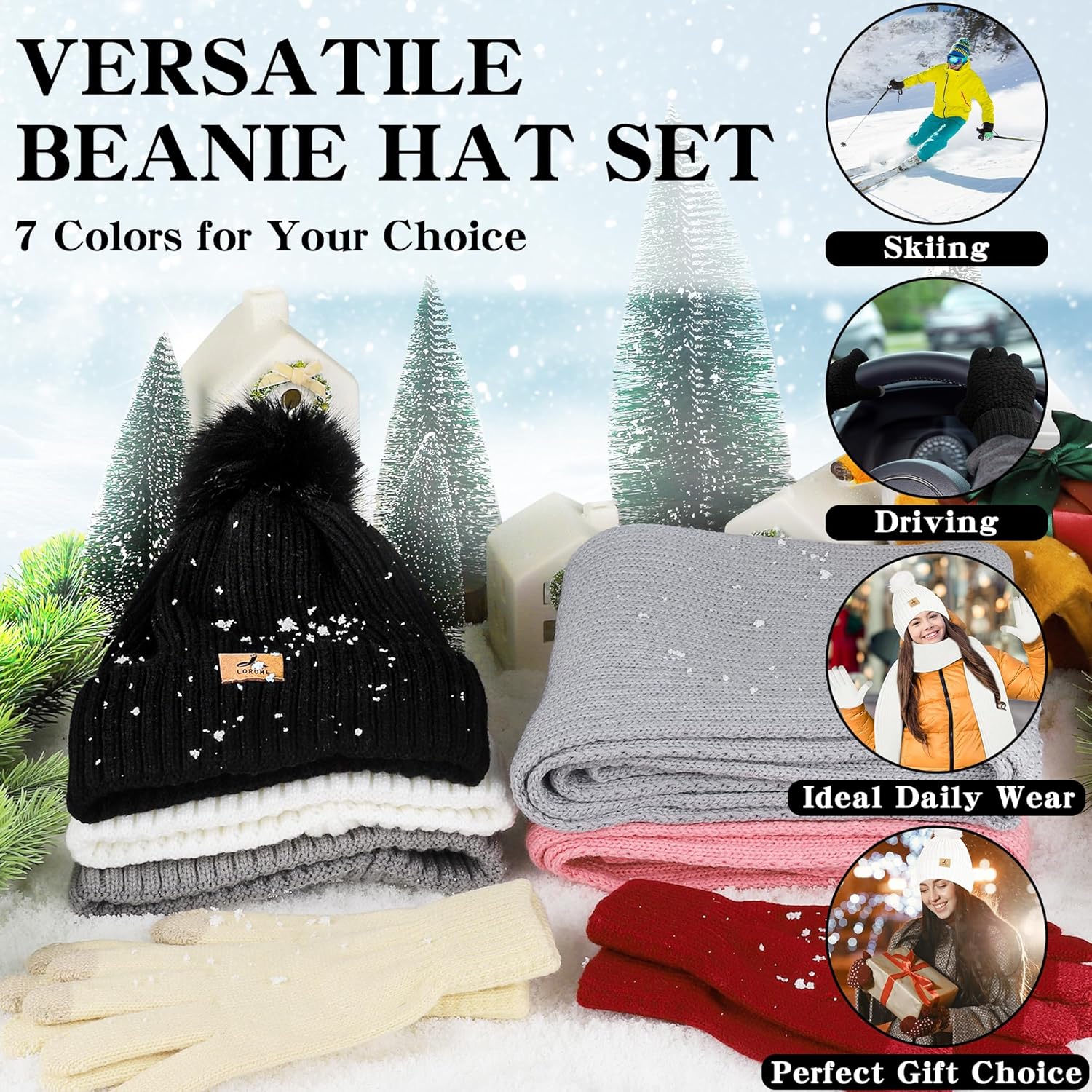 LOROME Women Winter Beanie Hat Scarf Gloves Set, Fleece Knitted Pompom Hat Warm Neck Scarf Touchscreen Gloves Winter Gift - Image 9