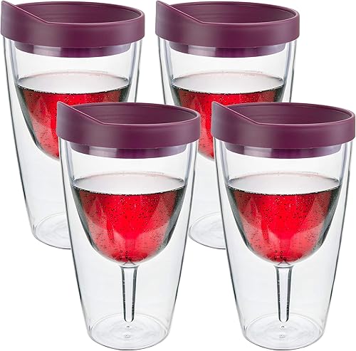 Southern Homewares Vaso de vino de acrílico aislado con tapa Merlot – Taza de viaje de doble pared de 16 onzas, paquete de 4 vino 2 Go Set para