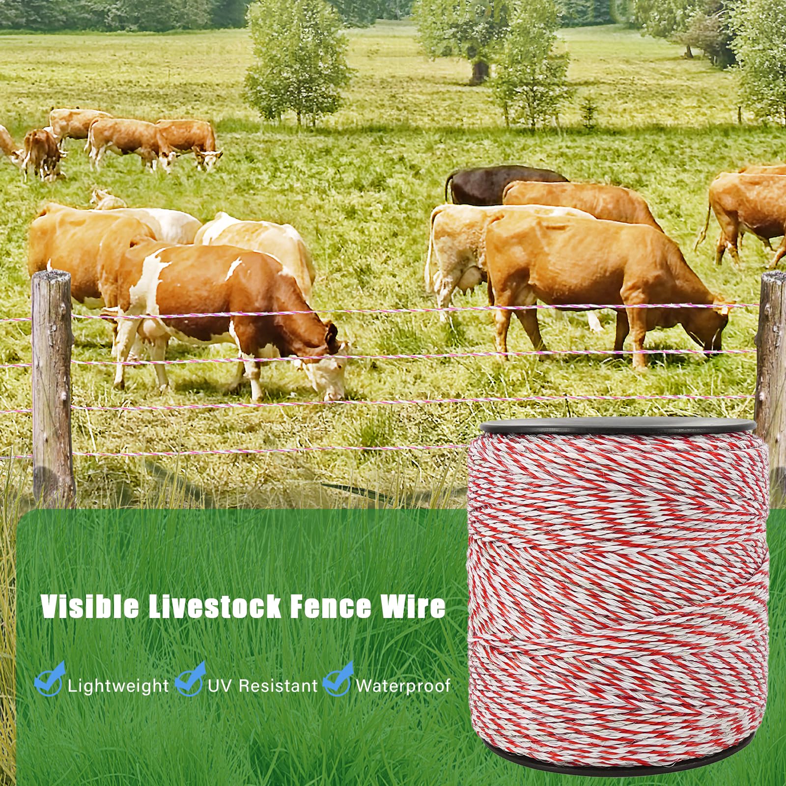 Qivine 1000M Hilo Pastor Electrico para Caballos, Conductor Cable de Acero Inoxidable, Alambre de Polietileno de Alta Conductividad para para Cercas de Ovejas y Caballos de Granja (Rojo Blanco)