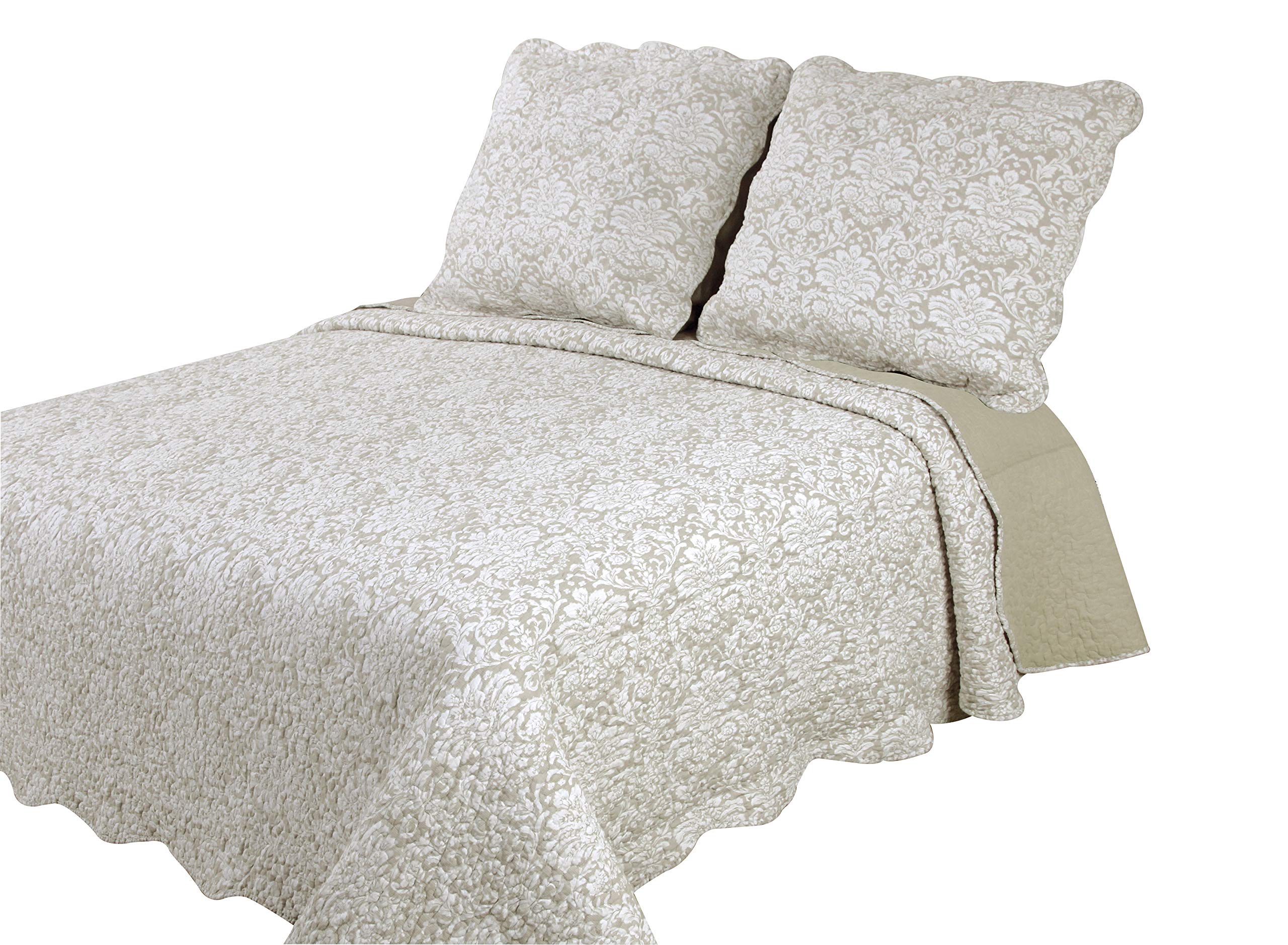 Délicat Lin Boutis 230x250 cm avec 2 Taies d'oreiller 65x65cm, Couvre-lit Matelassé 2 Personnes, Dessus de lit Fleurs