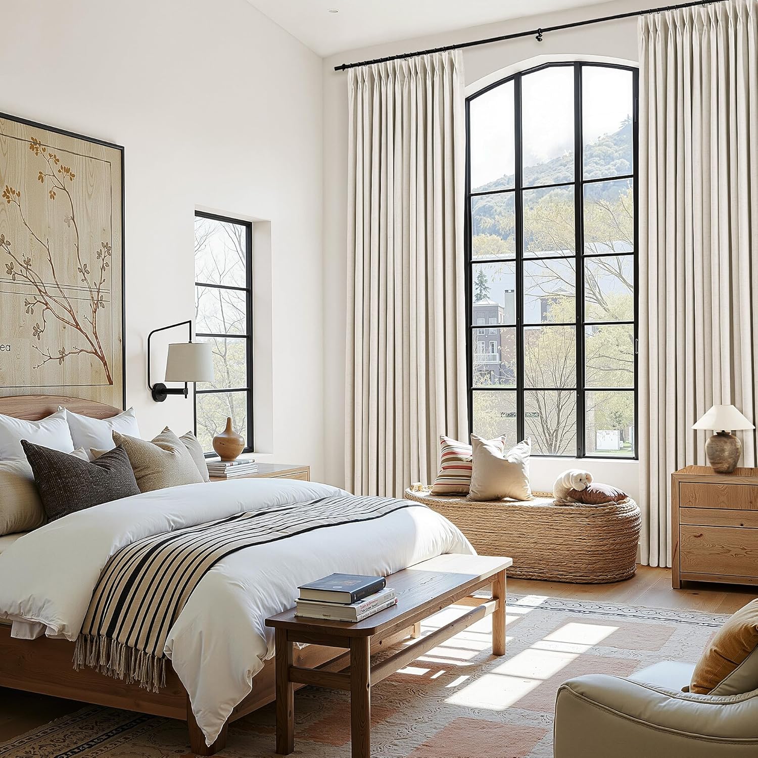 Pinch Pleated 100% Blackout Linen Curtains Natural Cream Room Darkening Modern Curtain 84 Inch for Bedroom Living Room Thermal Insulated Farmhouse Boho Drapes with Hooks Back Tab 2 Panels 40x84, Ivory