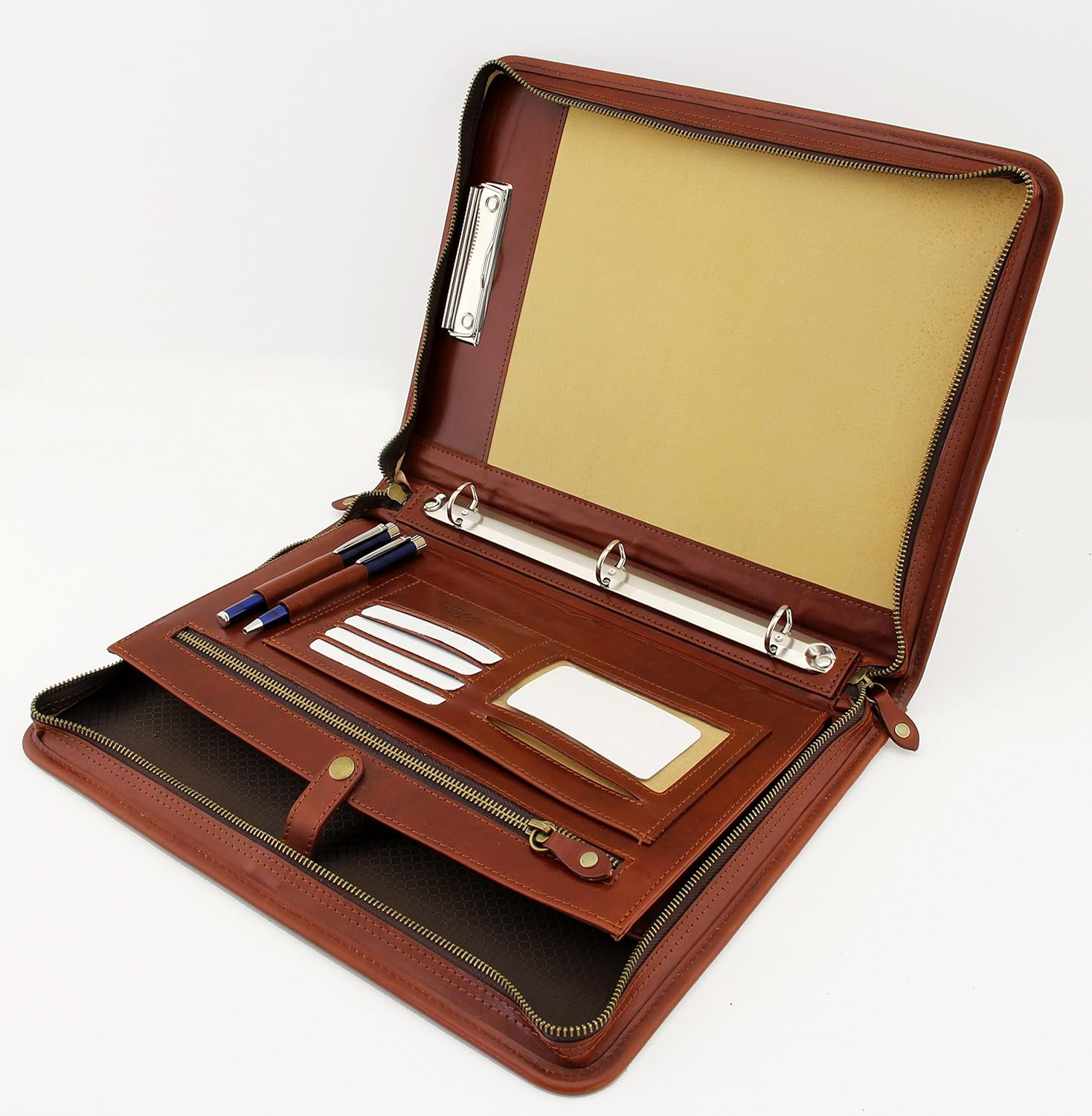 Noda Leather Padfolio 3 Ring Binder/Zippered Closure/Leather Portfolio clipboard (Cognac)