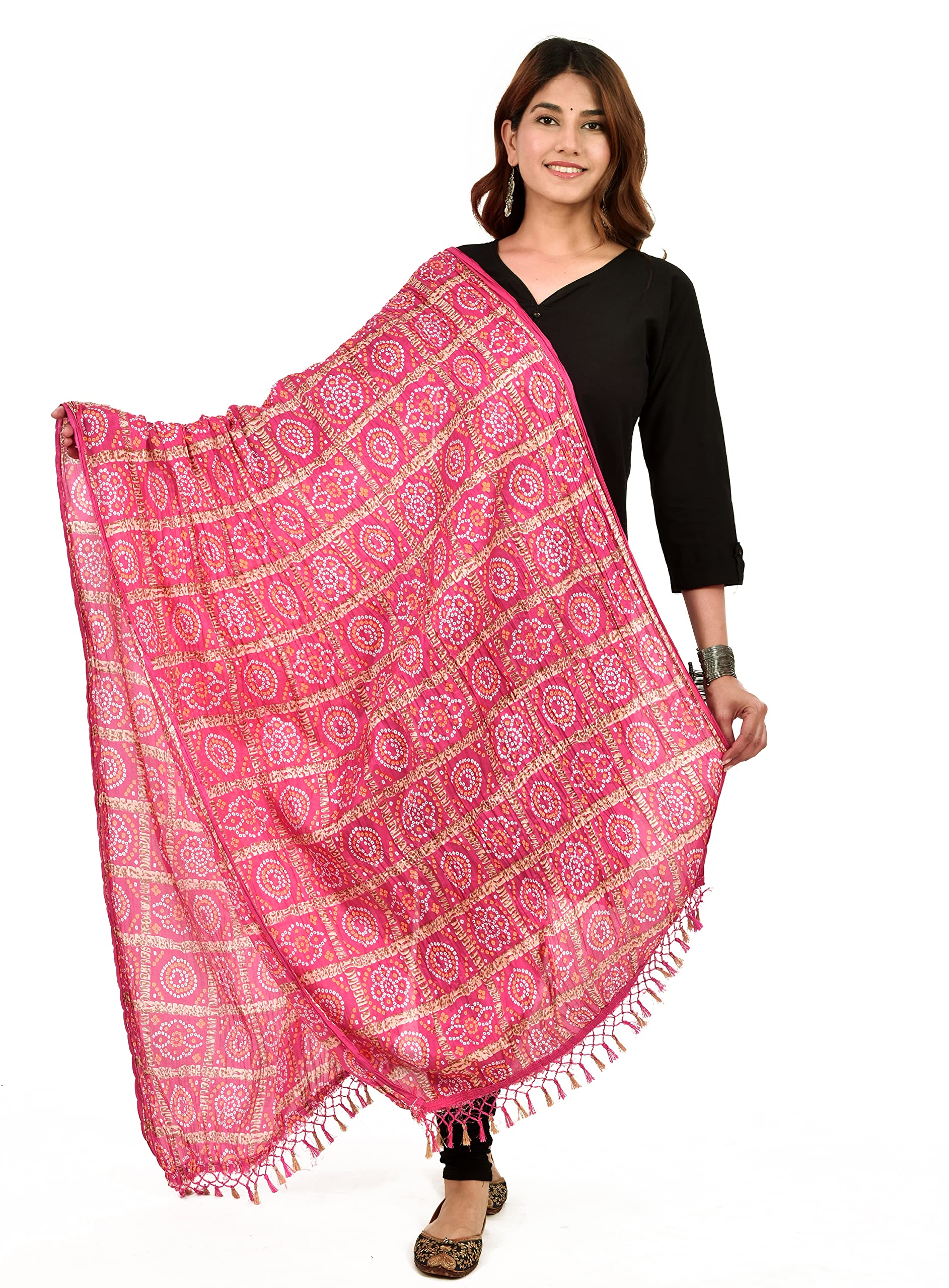 ChaukhatWoman And Girls Rajasthani Traditional Chinon Silk Bandhej Dupatta 2.25 Meter, Pink, 2.25