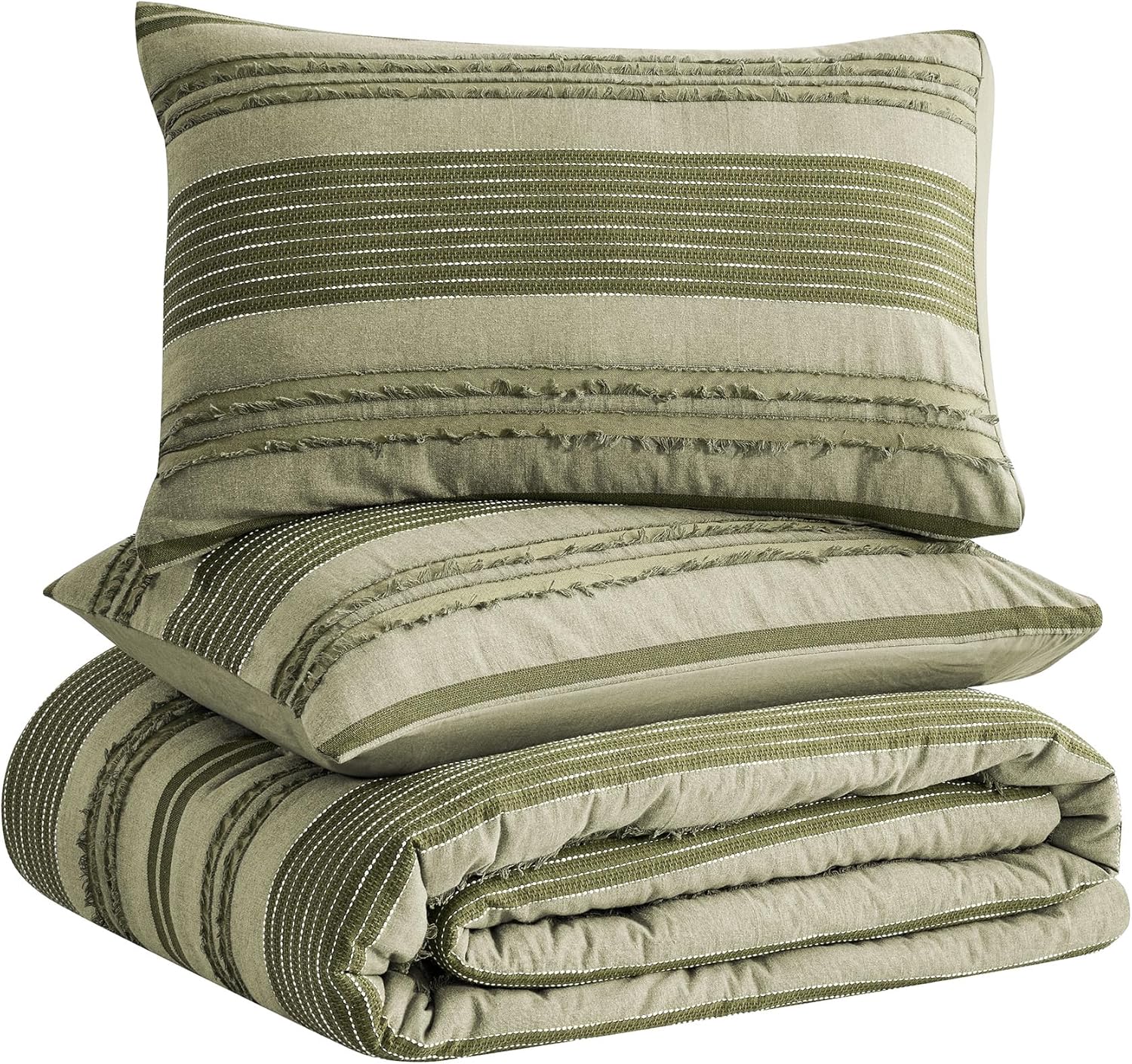 Wonderful Army Green Comforter Set Queen Size, Yarn Dyed Farmhouse Striped Cotton Lightweight Boho Comforter with Pillow Shams, Fluffy Bedding Set for All Season