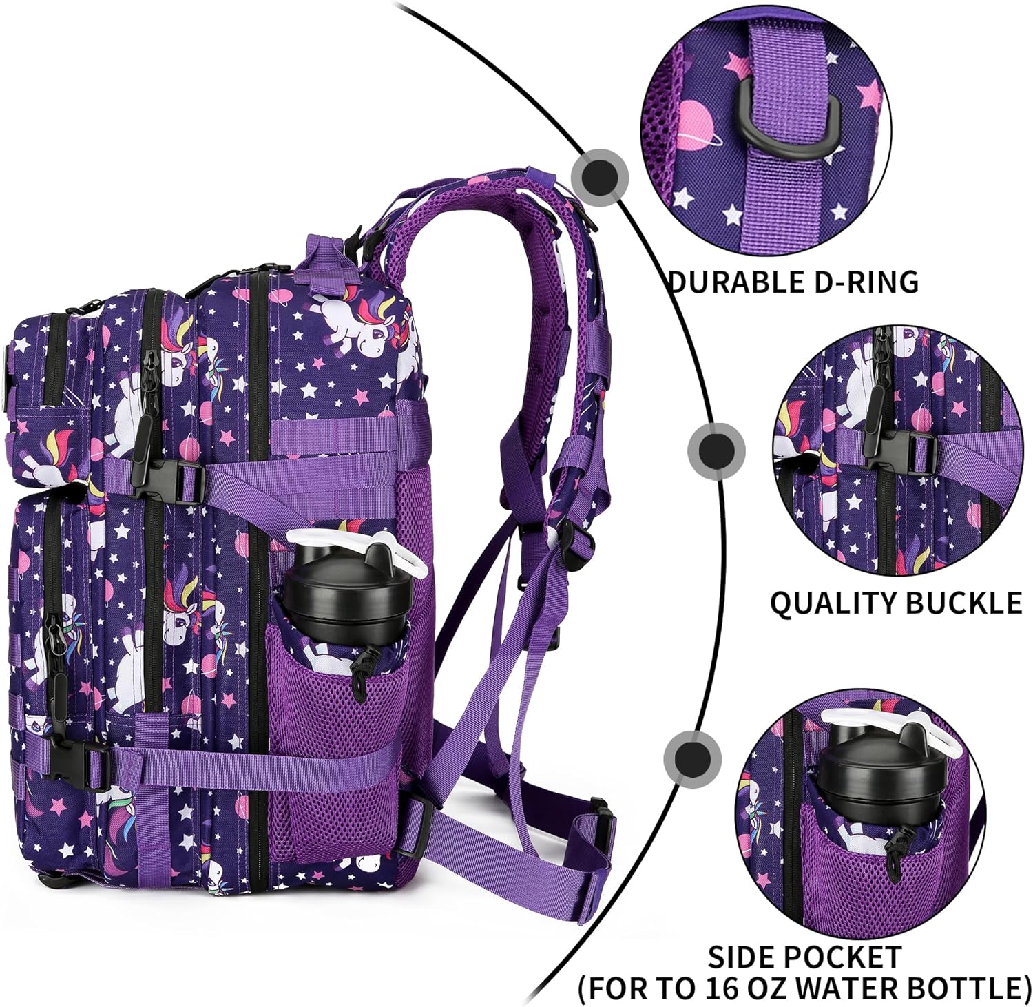 25L Tactical Military Backpack Small Travel Rucksack for Men and Women Assault Pack Bug Out Bag Molle Daypack Gym Backpack with Bottle Holder (Purple Pony) - Image 5