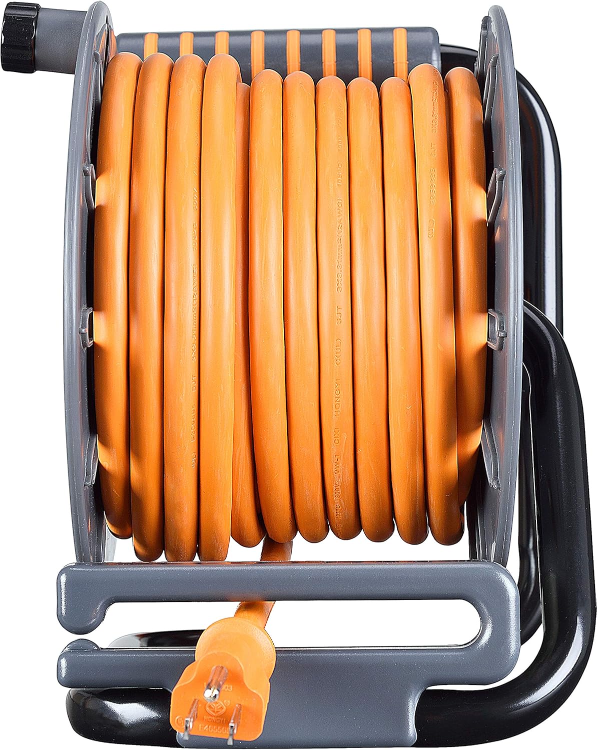 Masterplug 75ft Cord Reel, Retractable Extension Lead with Winding Handle, Safety Overload Circuit Breaker and Power Switch, 4x Grounded Outlets, 2x USB Ports, 15amps, 12AWG Cable