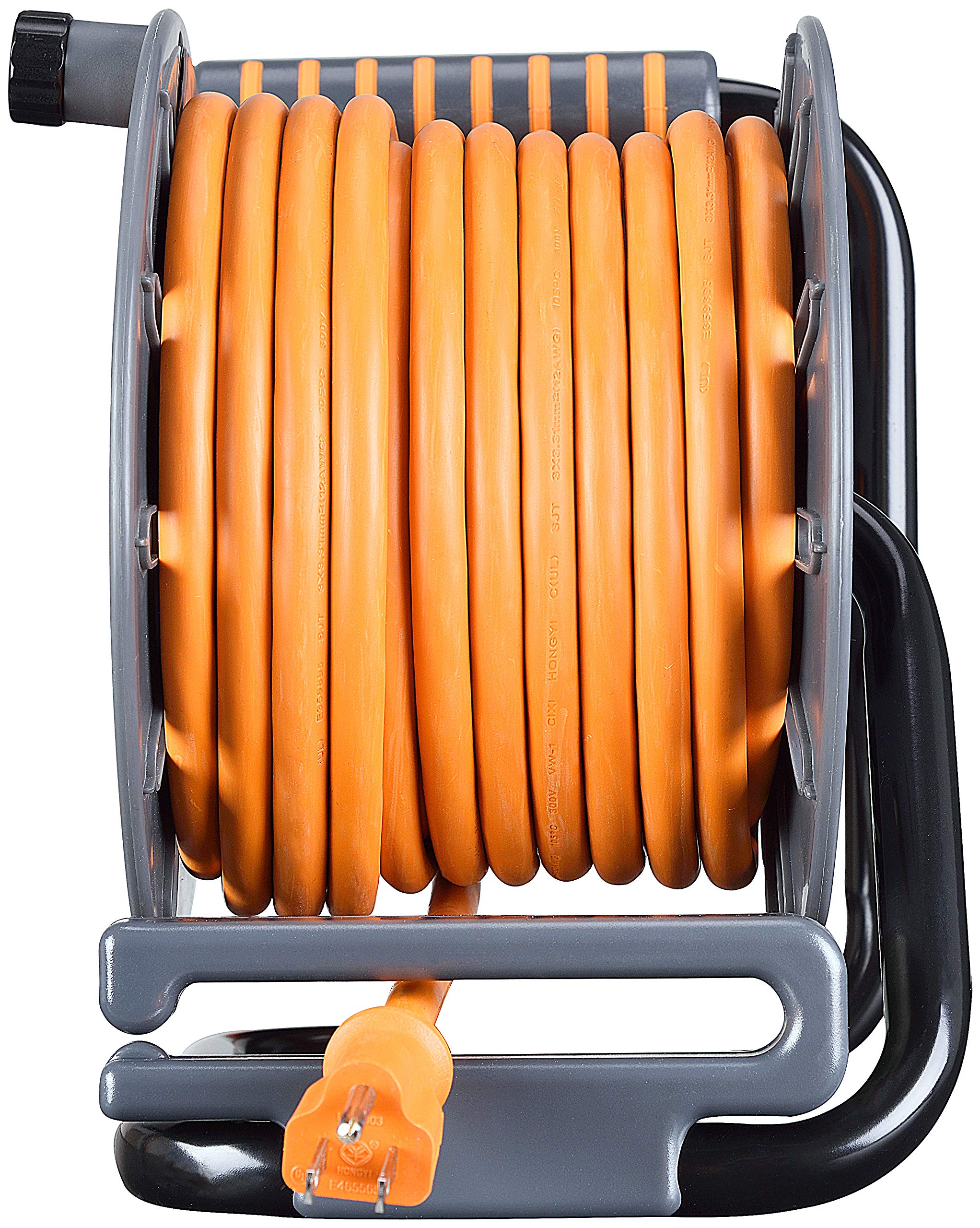 Power at Work - Avvolgicavo aperto con quattro prese di corrente, maniglia di avvolgimento e due porte di ricarica USB, interruttore di sicurezza per sovraccarico e interruttore di alimentazione, cavo
