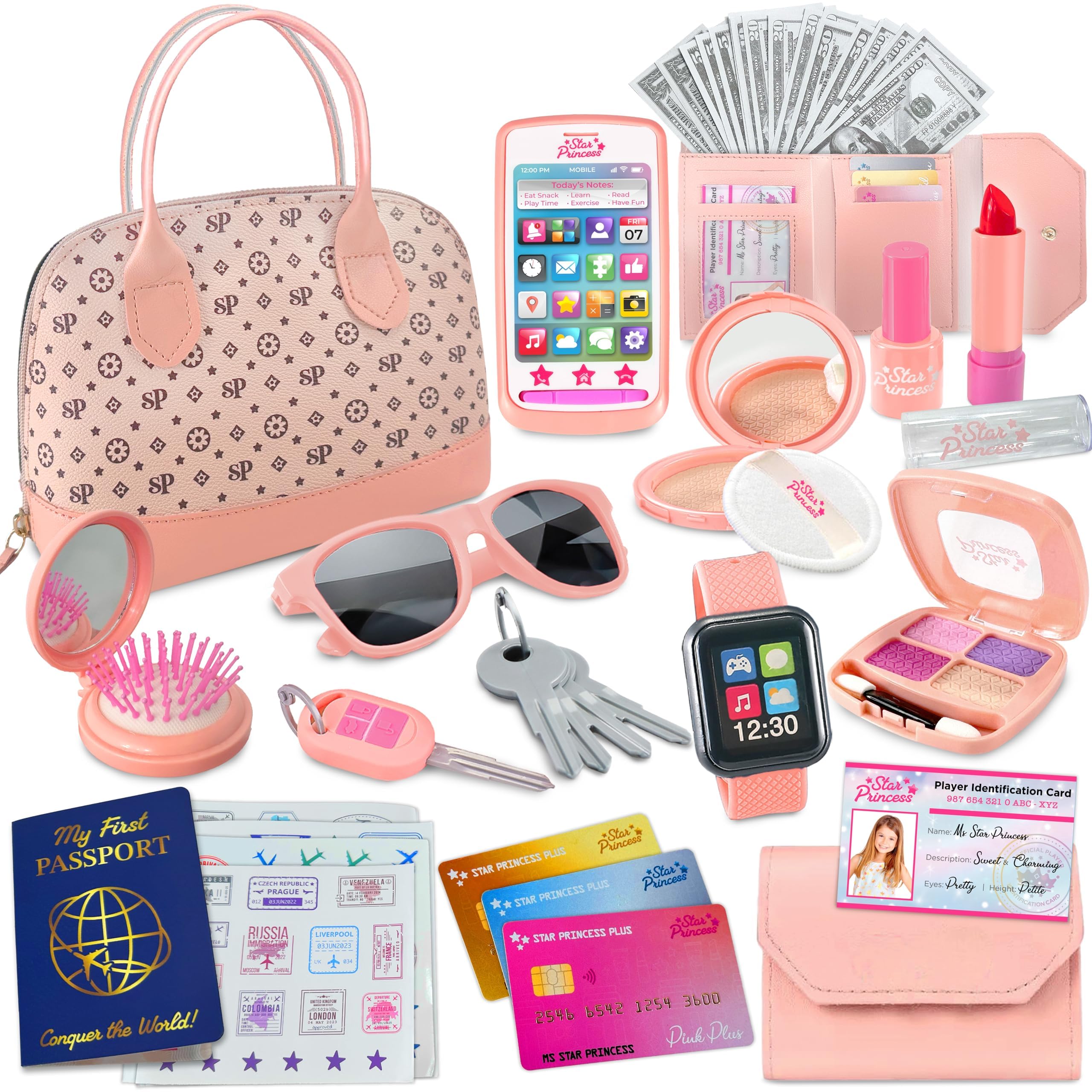 Bolsa de juego para niñas pequeñas, juego de juguetes de simulación para niños, incluye bolso, maquillaje, teléfono, cartera, reloj inteligente, pasaporte, tarjetas de crédito, llaves, ideas de regalo