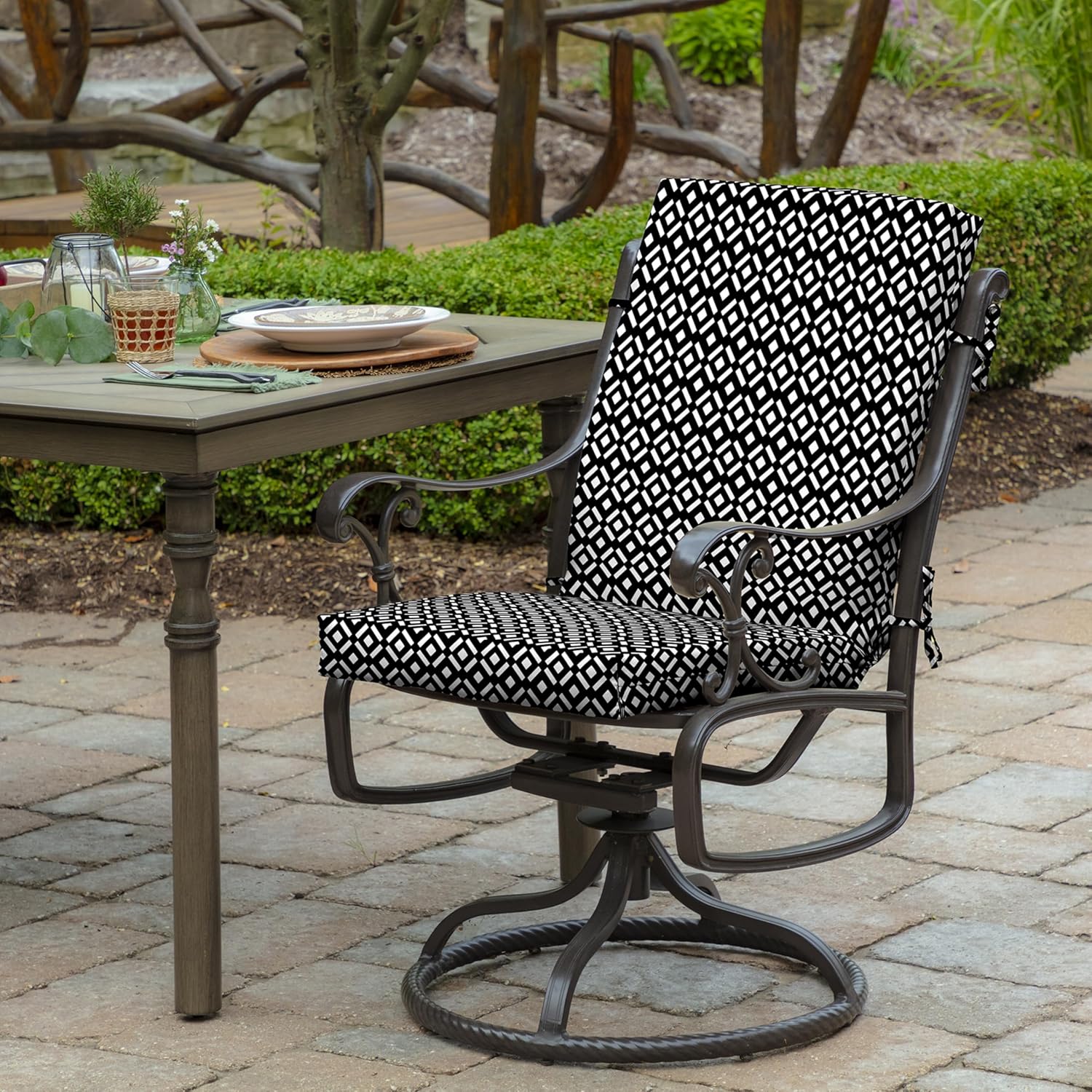 arden 4-pack outdoor patio dining chair cushion, 20x44, rain-proof seat pad, fade-resistant outdoor cushion black demi tile 4 pack black demi tile