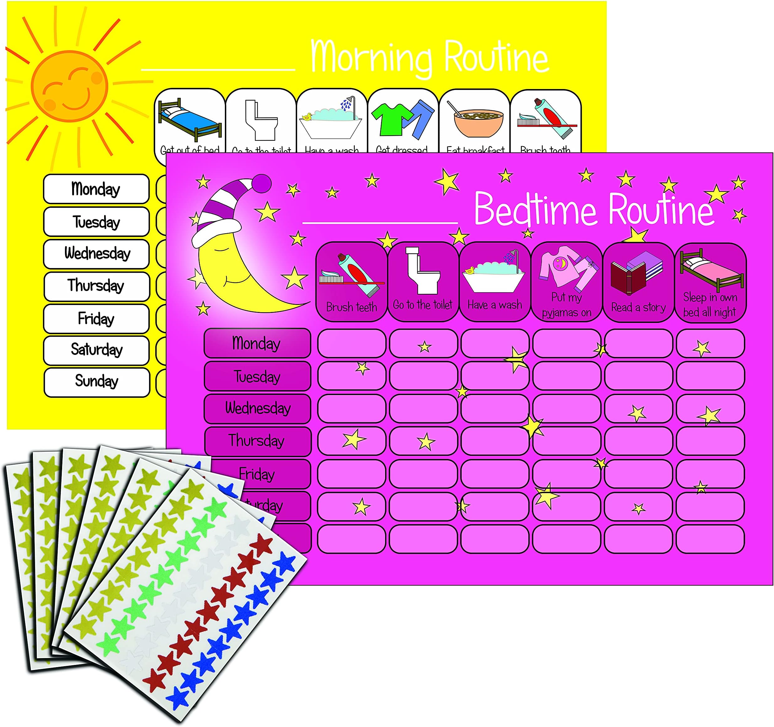 Children's Morning & Bedtime Routine Reward Charts (Twin Pack) & 270 Stickers for girls Daily Routine Visual Aid - Pink & Yellow
