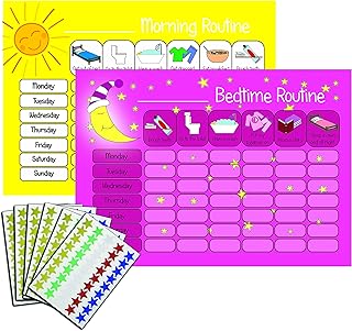 kids2learn Children's Morning & Bedtime Routine Reward Charts (Twin Pack) & 270 Stickers for girls Daily Routine Visual Aid - Pink & Yellow