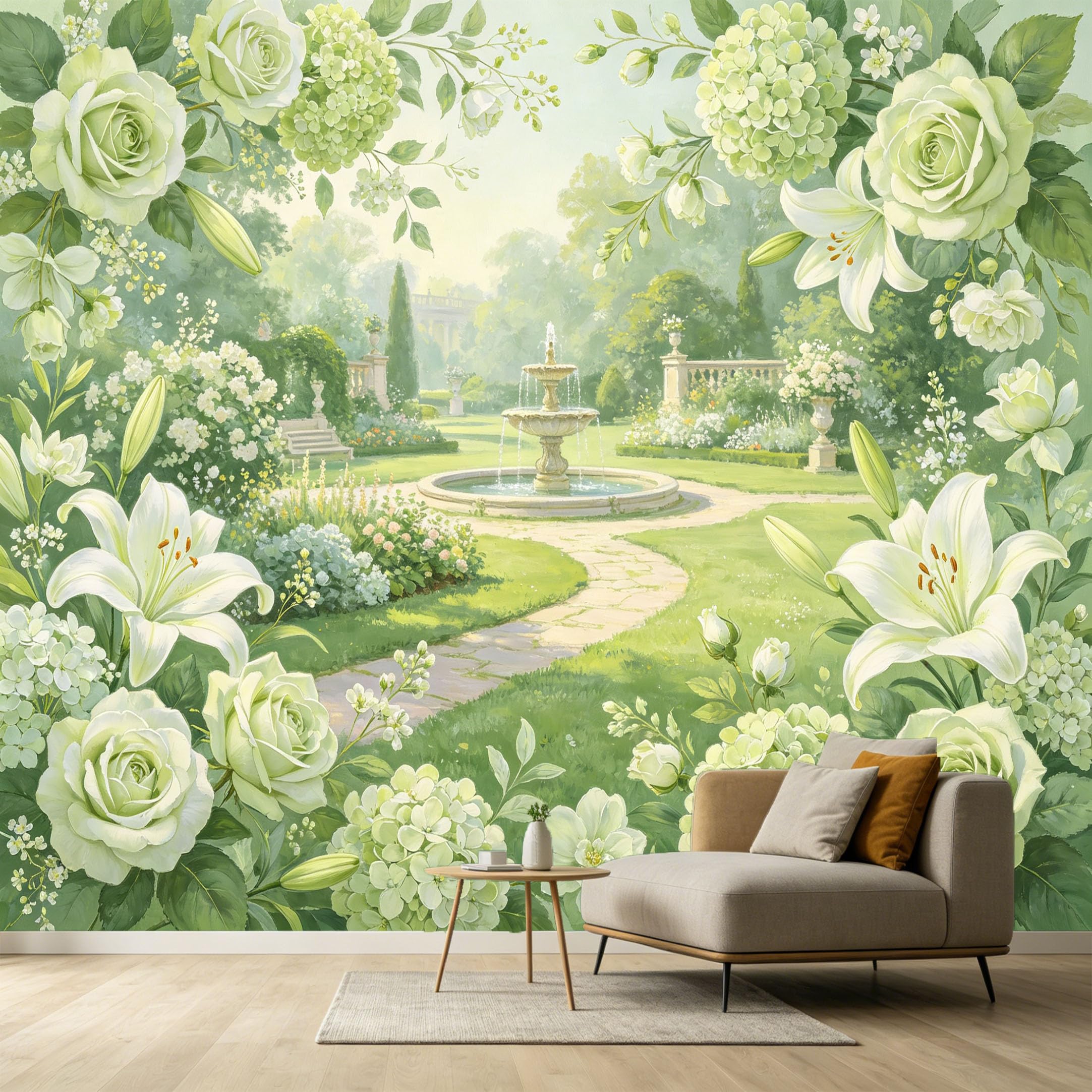 Custom Size Wall Murals Botanical Garden Fountain White Roses Hydrangeas Oil Painting SelfAdhesive Wall Fabric Removable Large Wallpaper for Photo Living Room